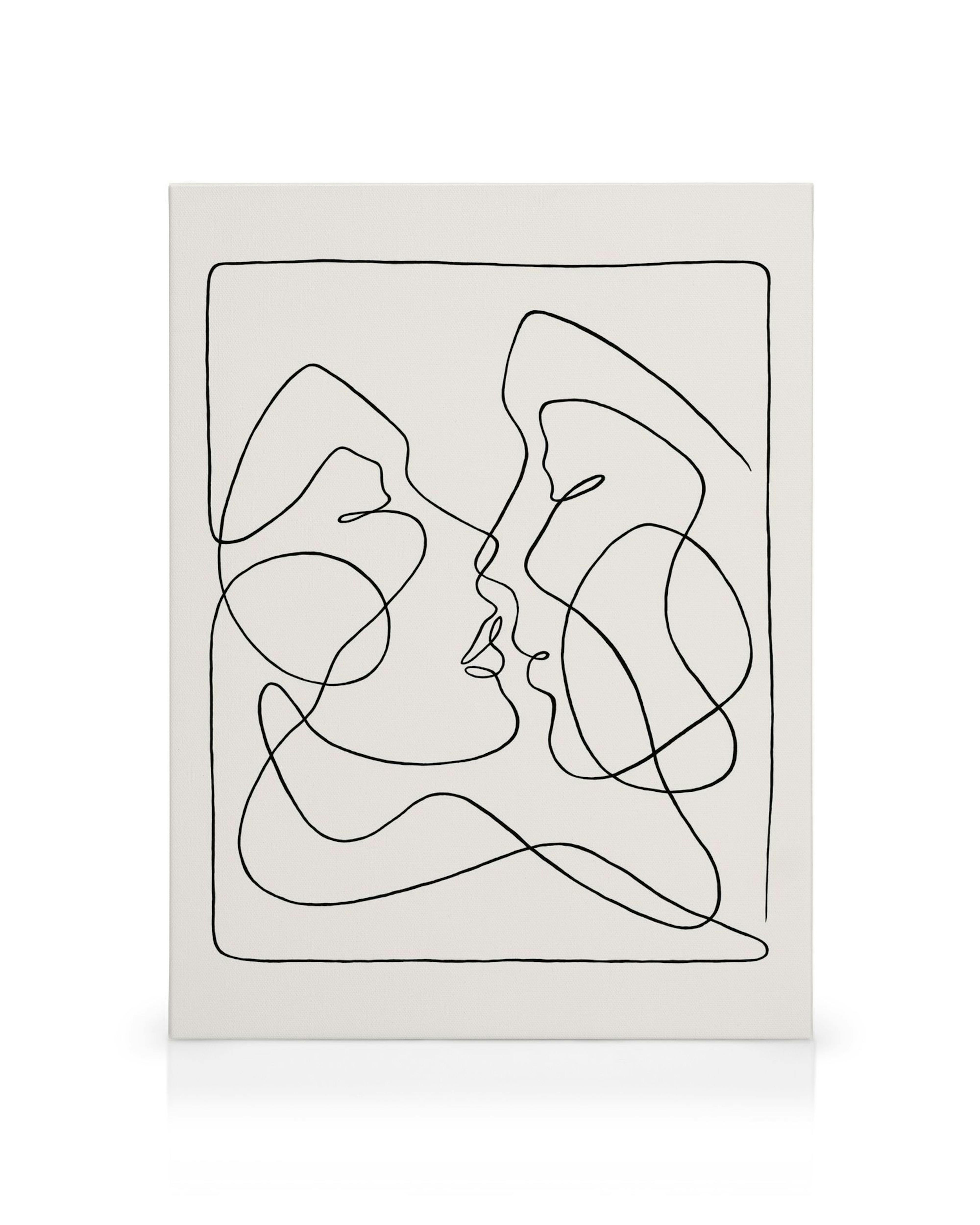 Obraz na plátně s minimalistickou kresbou dvou obličejů v objetí, tvořenou jedinou nepřerušovanou linkou.