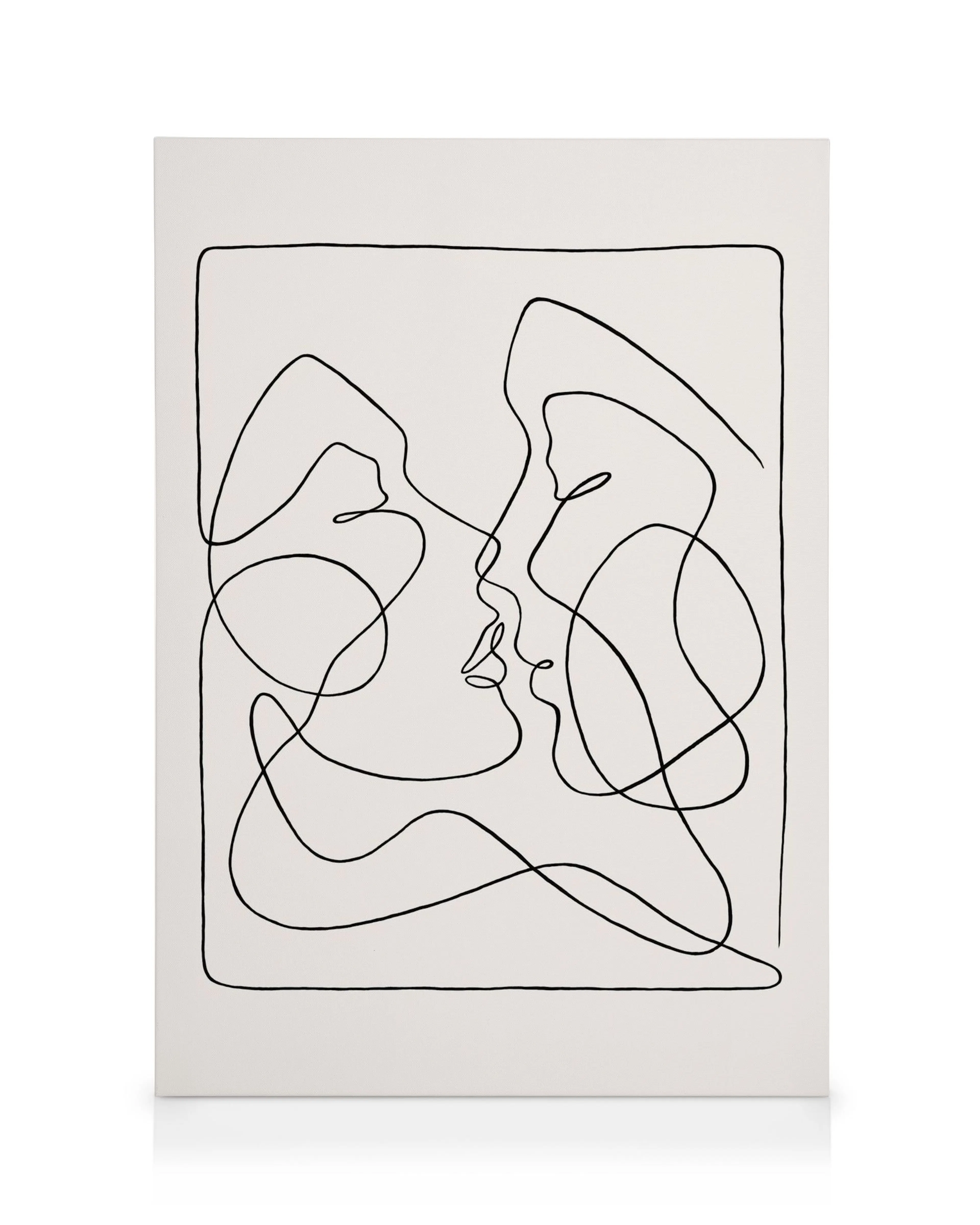 Toile murale minimaliste représentant deux visages sembrassant en un seul trait continu noir sur fond blanc.