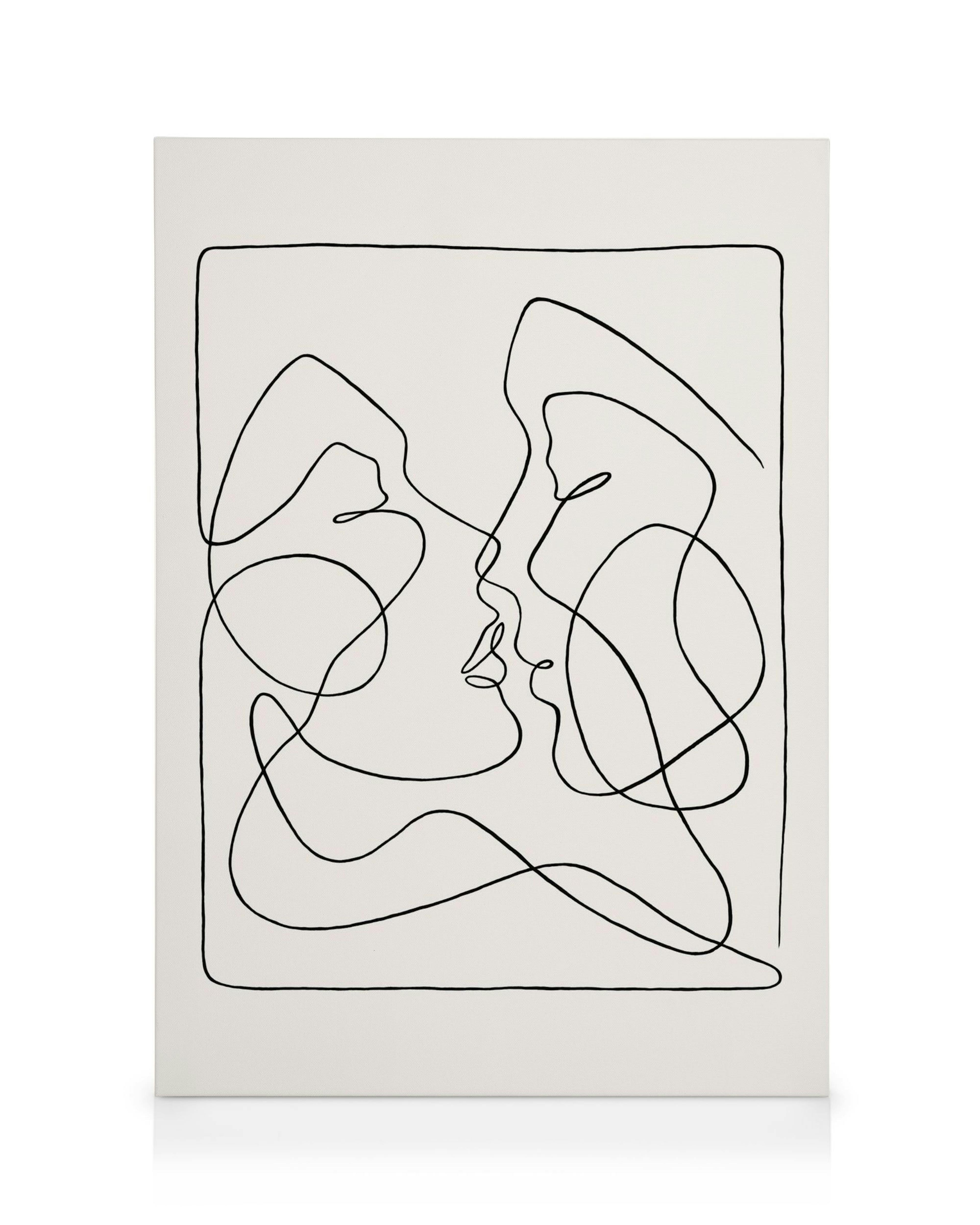 A canvas featuring a continuous line art drawing of two faces in profile, appearing to kiss, on a white background.