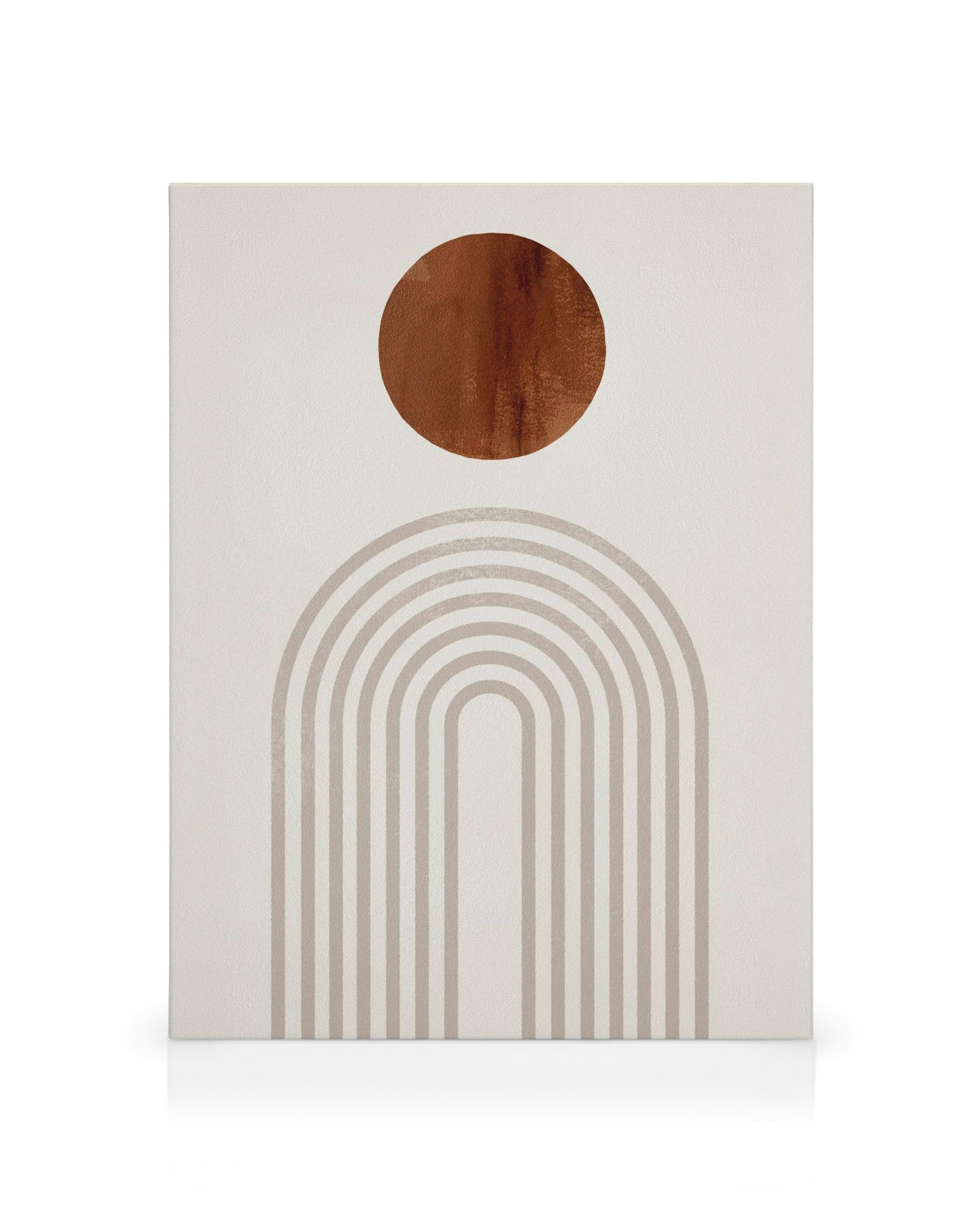 A canvas featuring a terracotta sun and light grey geometric arch shapes on a white background.