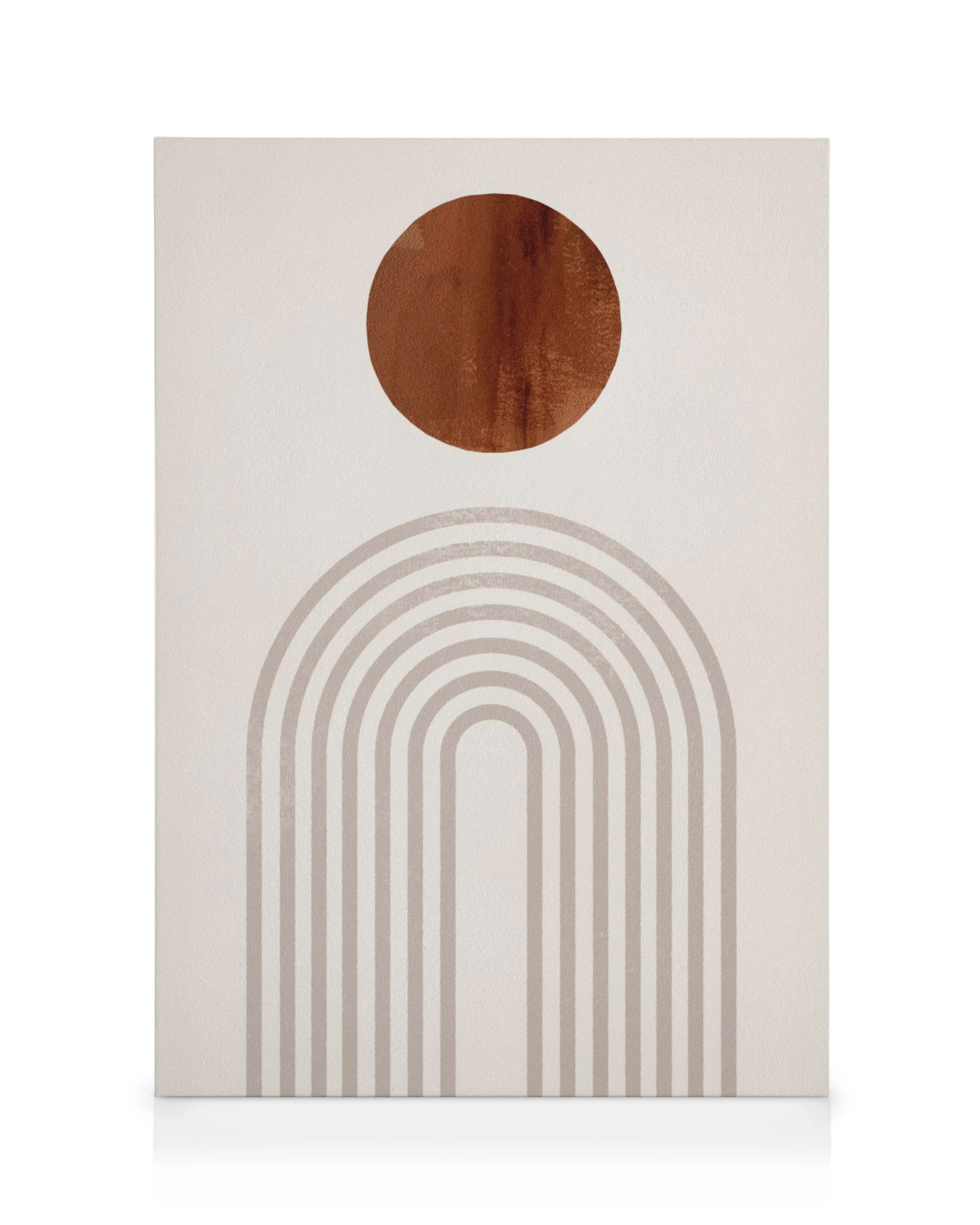 Stampa su tela con un cerchio color ruggine e archi beige che formano una forma a U rovesciata su sfondo bianco.