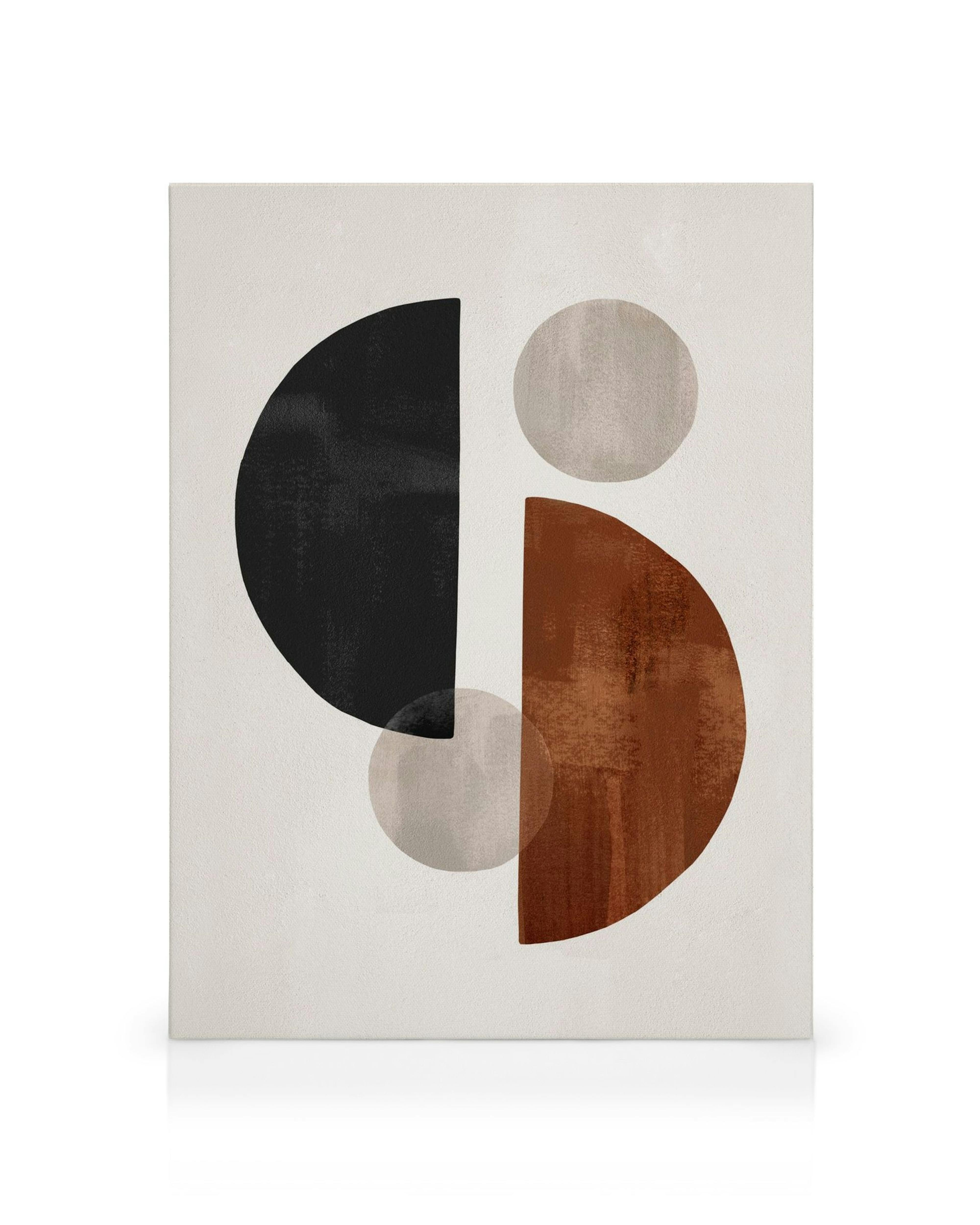 A canvas featuring a minimalist geometric design with black and rust-colored half-circles and two gray circles.