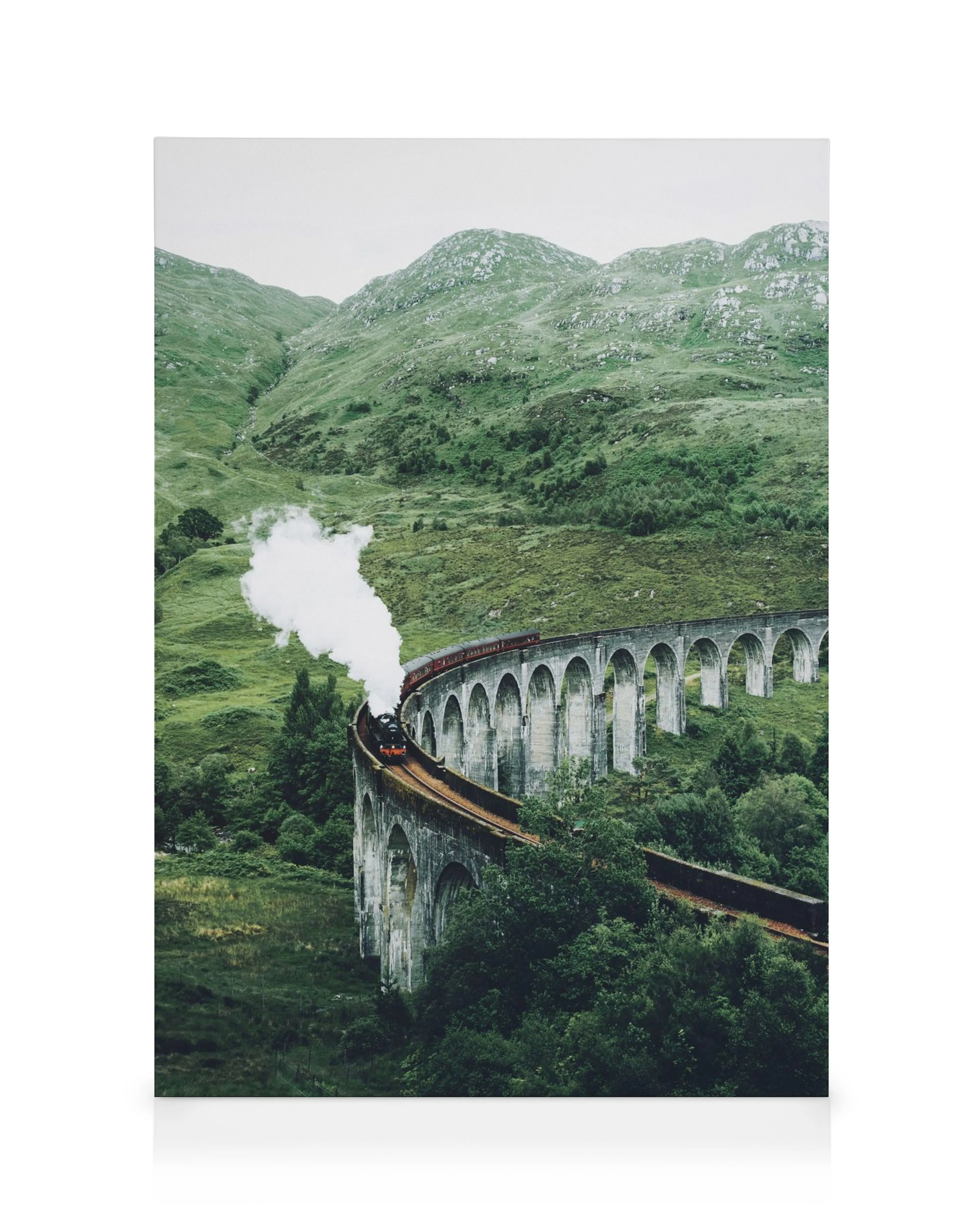 Leinwandbild mit einem Dampfzug, der über ein Viadukt in einer grünen Berglandschaft fährt.