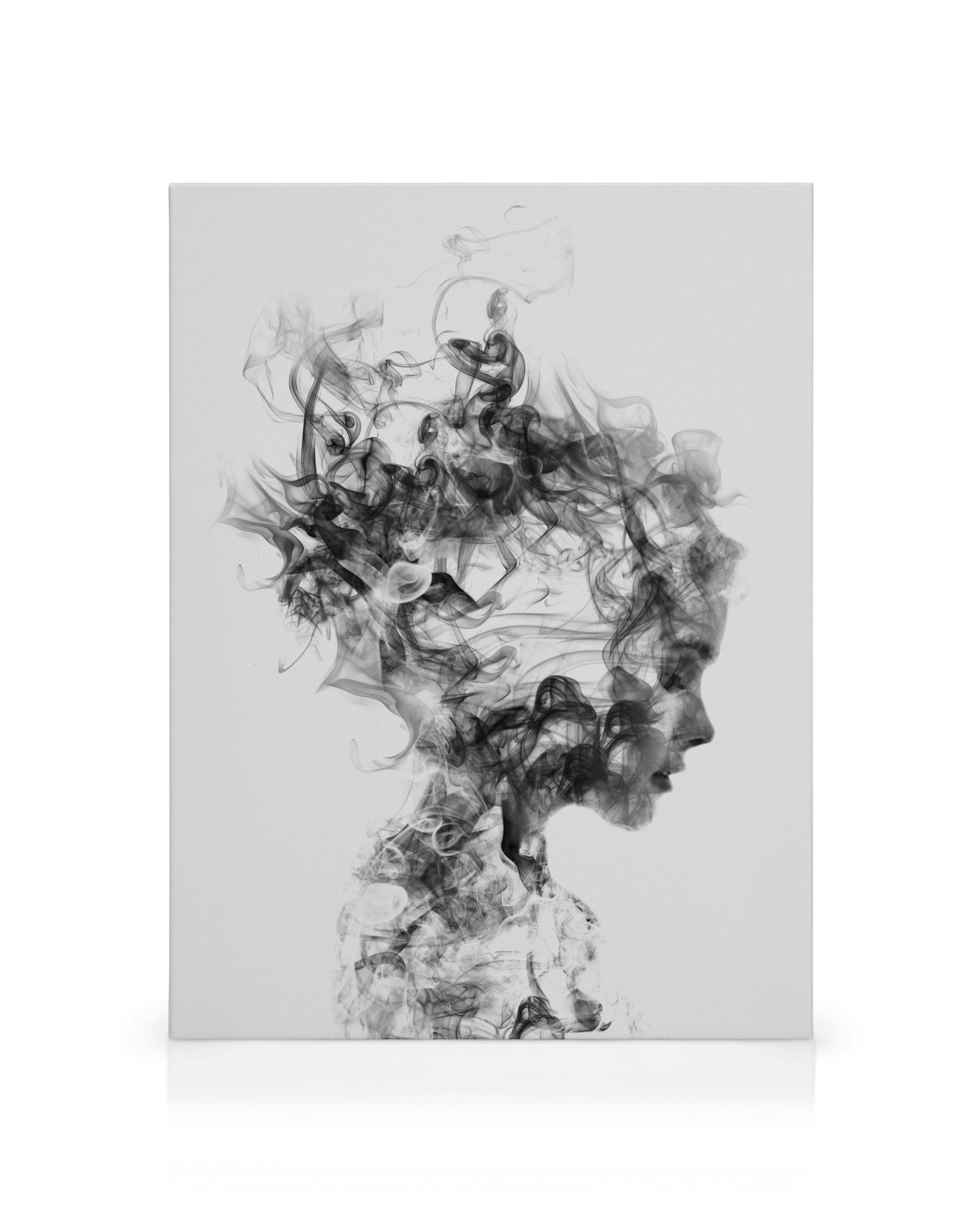 A monochrome canvas depicting a womans profile formed from swirling dark smoke on a light background.