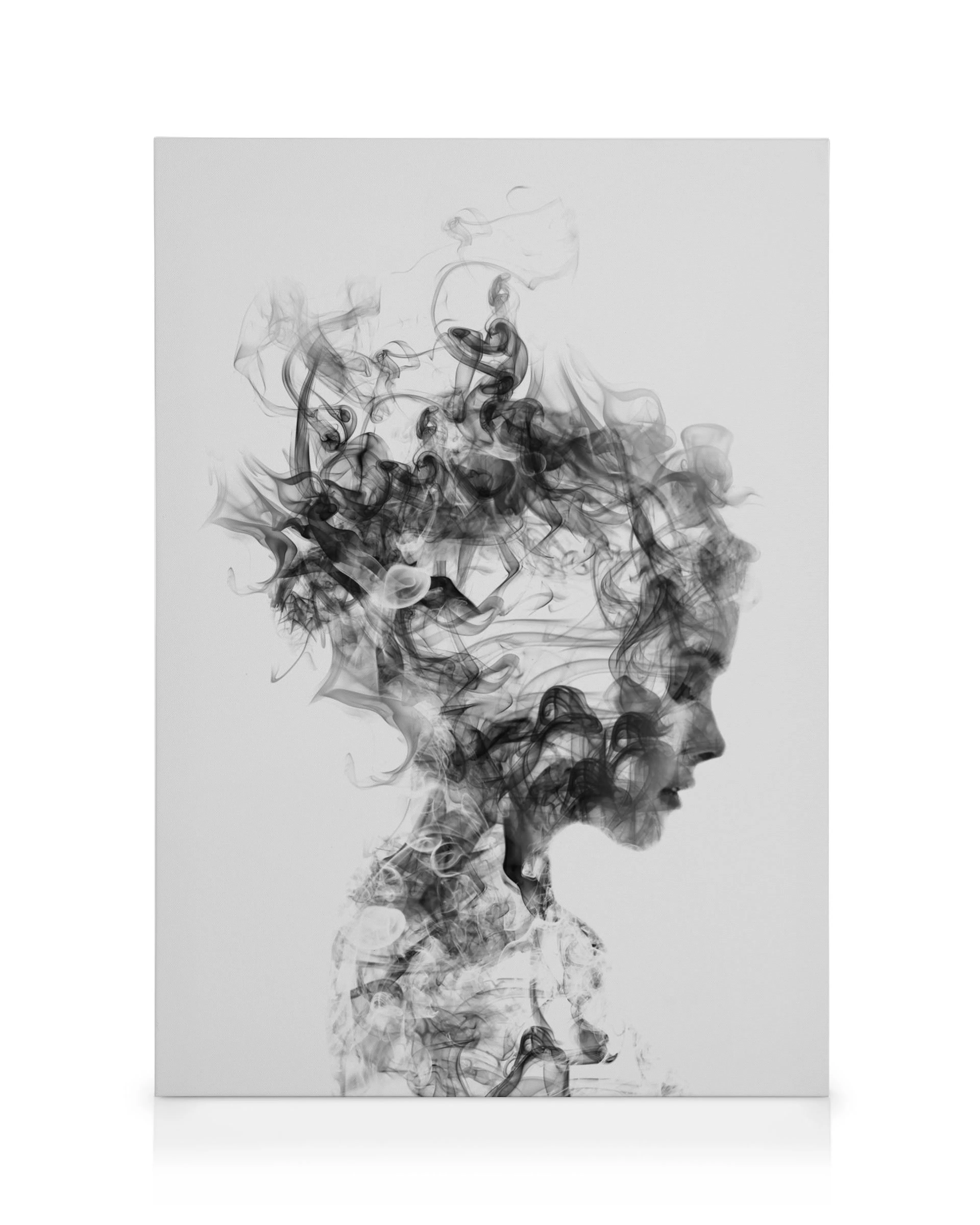 Toile noire et blanche, représentant un visage féminin de profil formé de volutes de fumée grise foncée.