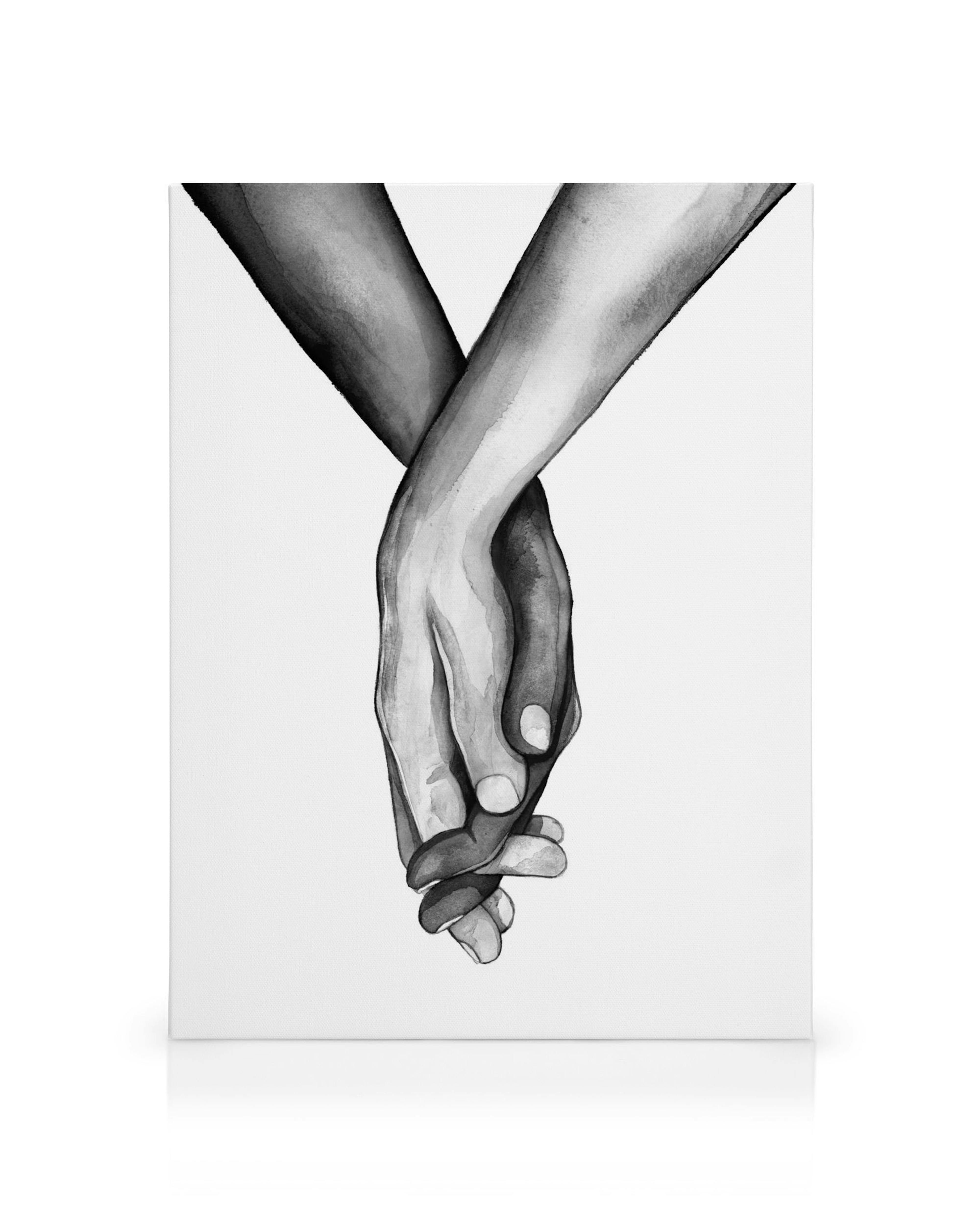 Mustavalkoinen kanvaasi, jossa kaksi kättä pitävät toisiaan eri ihonväreillä kuvaten yhtenäisyyttä.