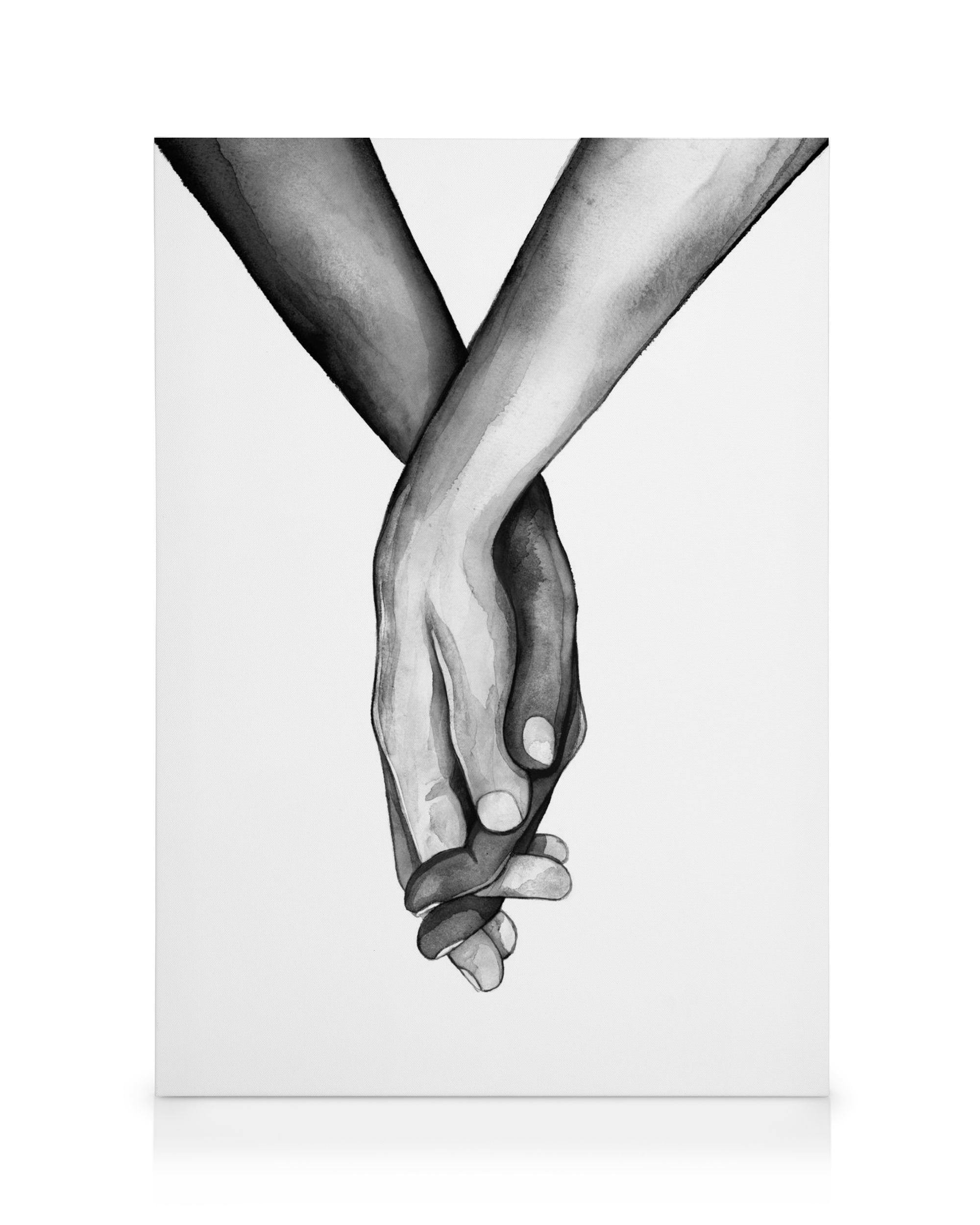 A black and white canvas featuring two hands, one dark-skinned and one light-skinned, clasped together.