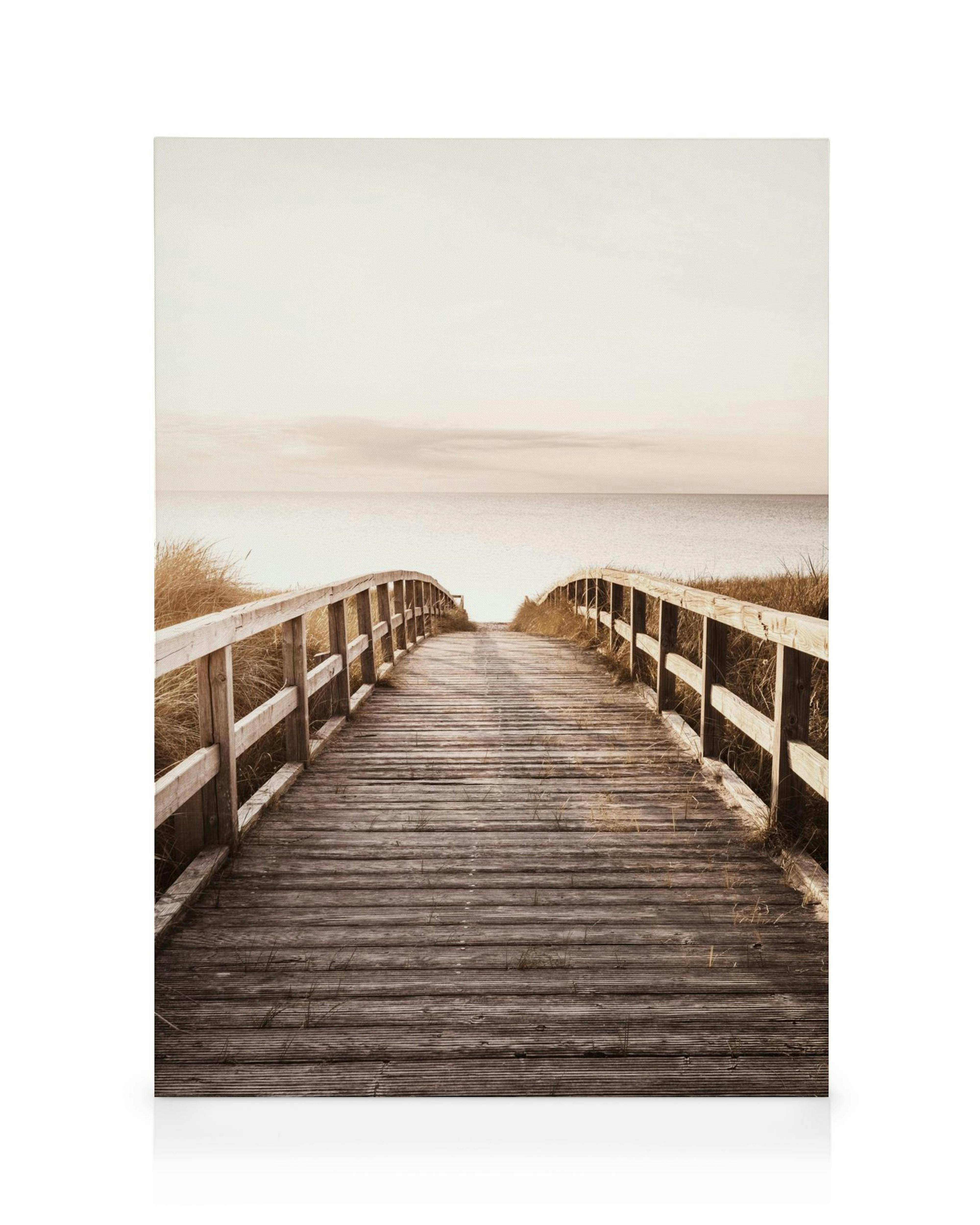 A canvas showing a wooden boardwalk leading through dry grass dunes to a calm sea under a bright sky.