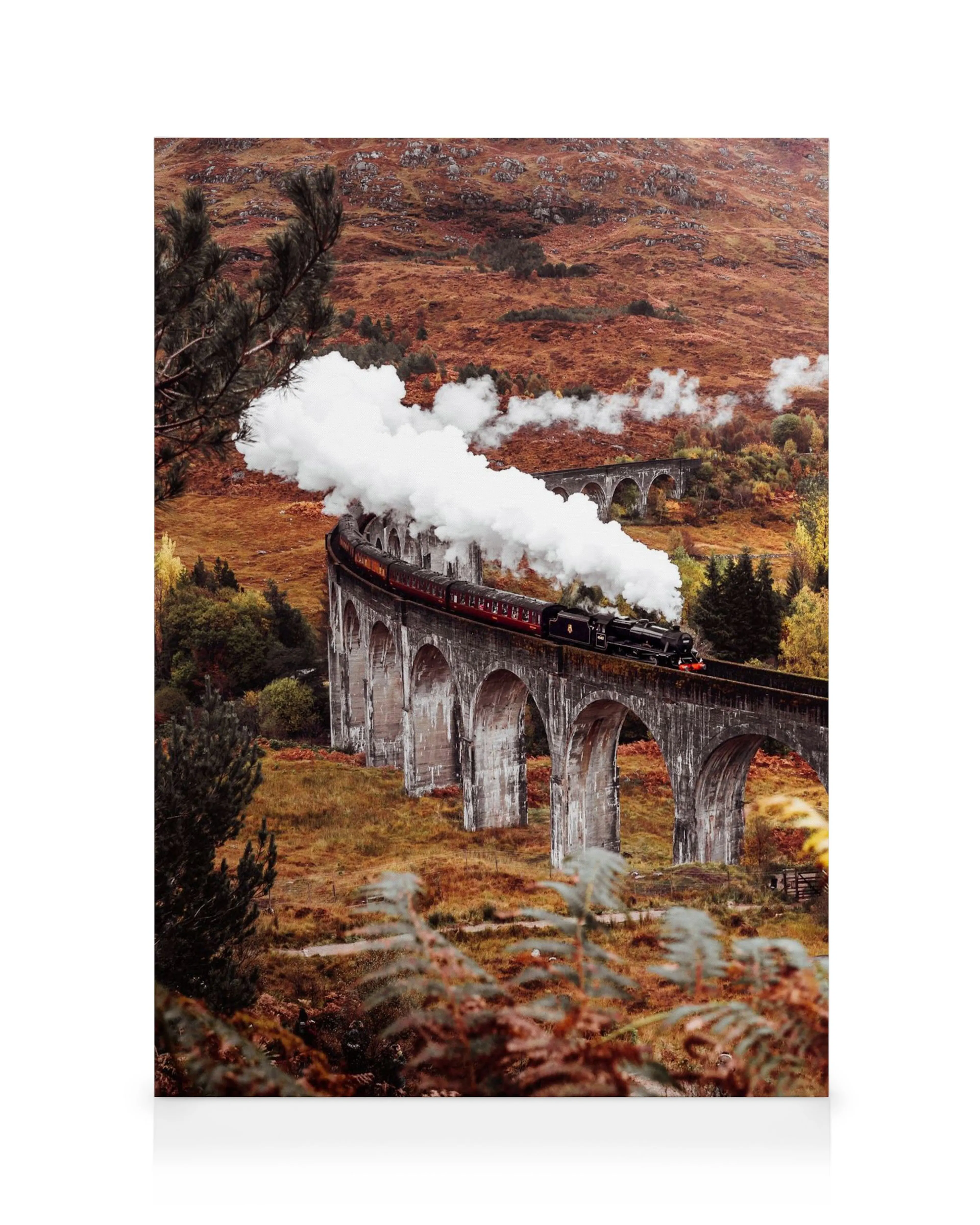 Een canvas van een stoomtrein met witte rook die over een stenen viaduct rijdt in een glooiend, oranjebruin landschap.