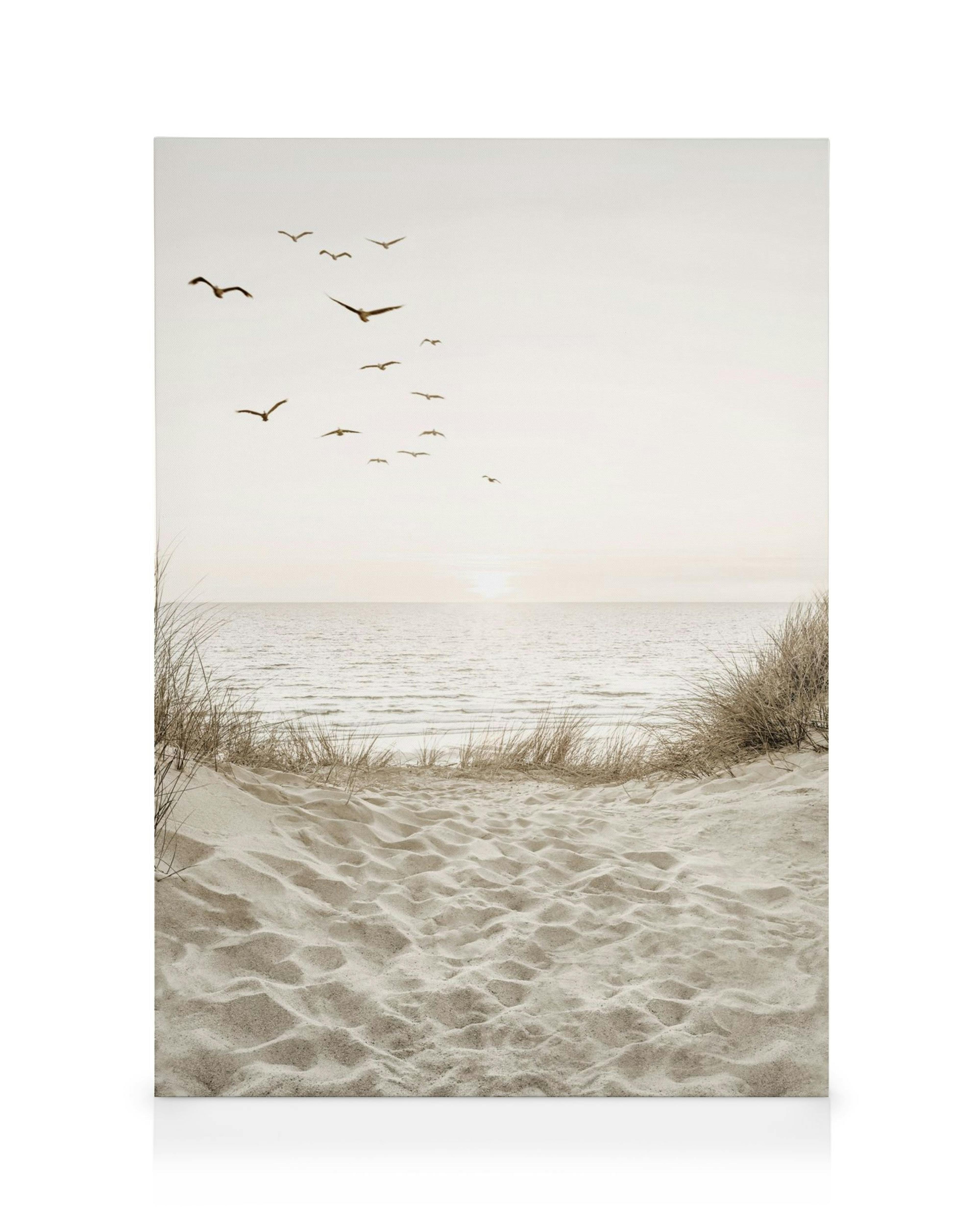 A serene beach canvas with sandy dunes, sea oats, and a flock of birds flying over the ocean at sunset.