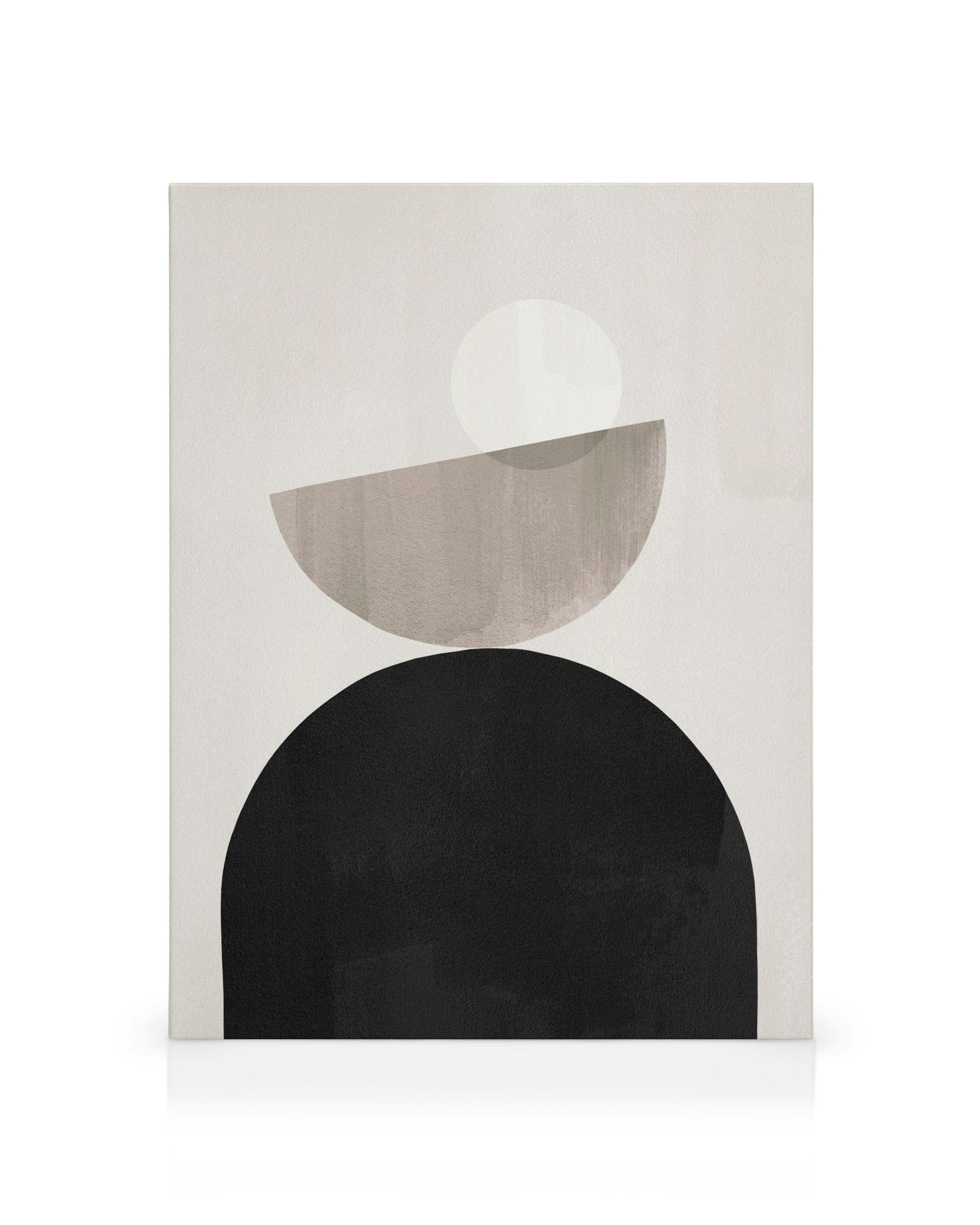 Leinwandbild mit geometrischen Formen: großer schwarzer Bogen, graues Halbrund und weißer Kreis auf hellem Hintergrund.