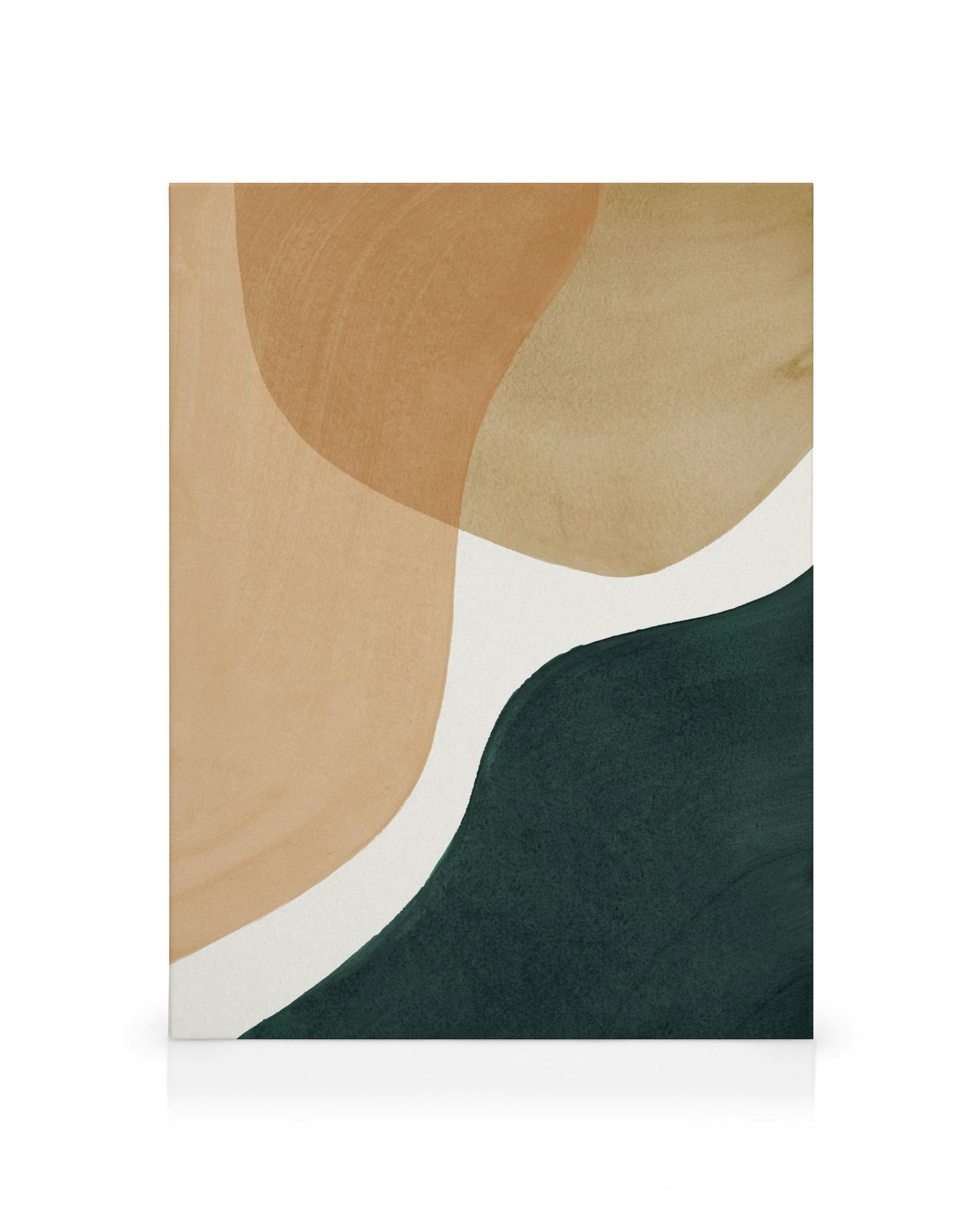 A canvas with abstract shapes in tan, beige, and dark green, separated by a white wavy line.