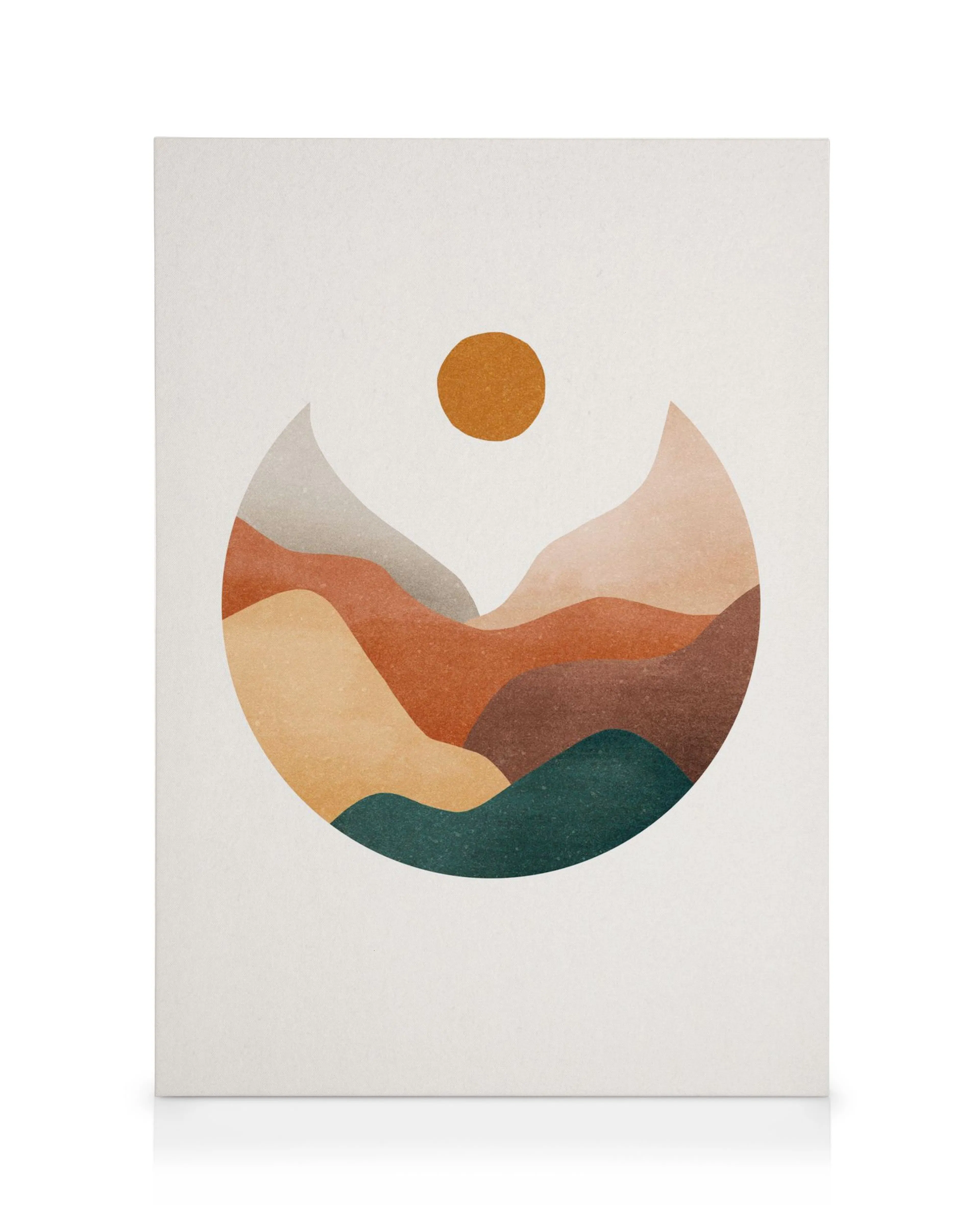 Toile murale abstraite avec des formes organiques de montagnes dans des tons terreux et un soleil orange.