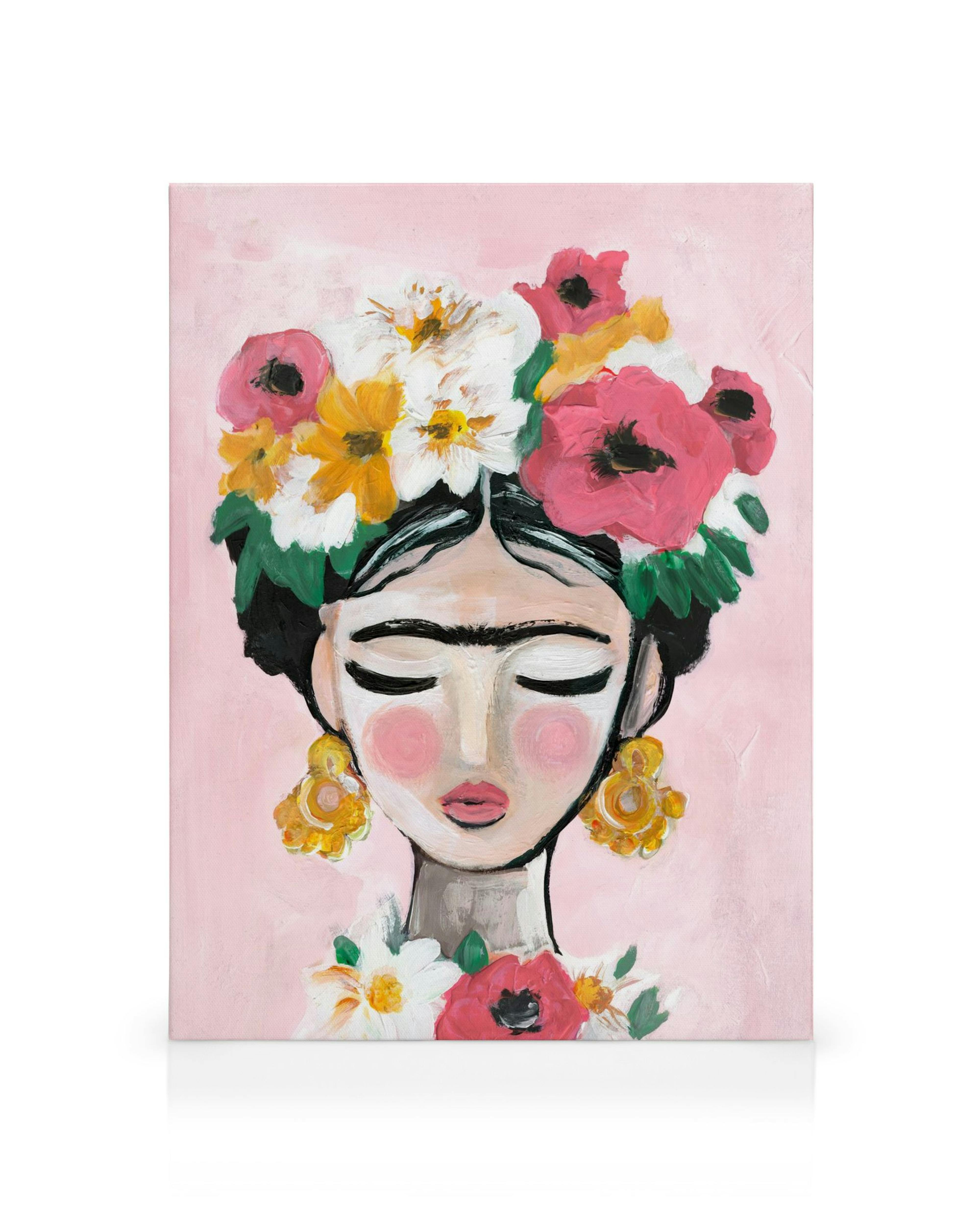 A canvas featuring a stylized portrait of a woman with black hair, adorned with a colorful floral crown and gold earrings, on a 