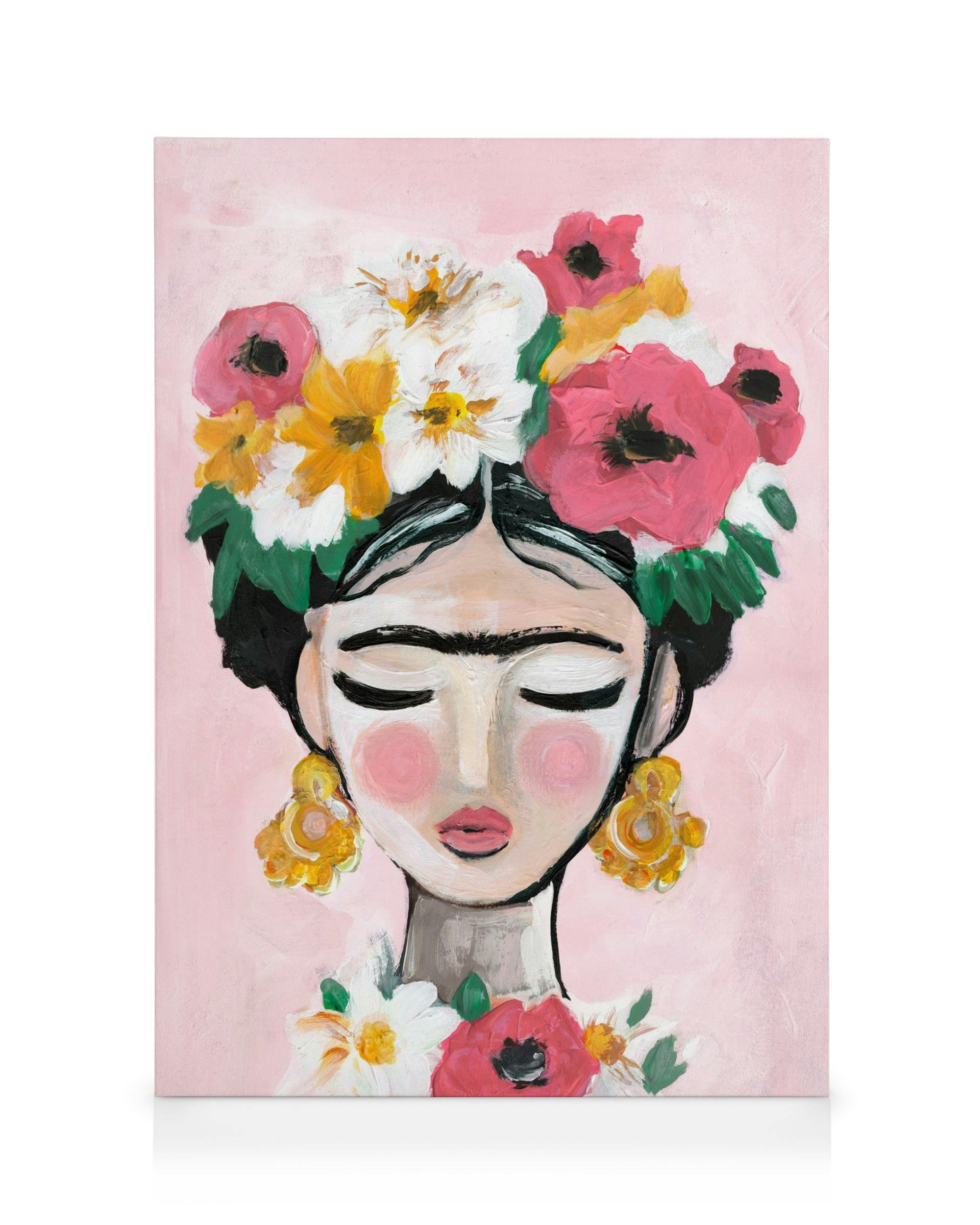 Leinwandbild einer Frau mit geschlossenen Augen, großen Ohrringen und einem bunten Blumenkranz im Haar.