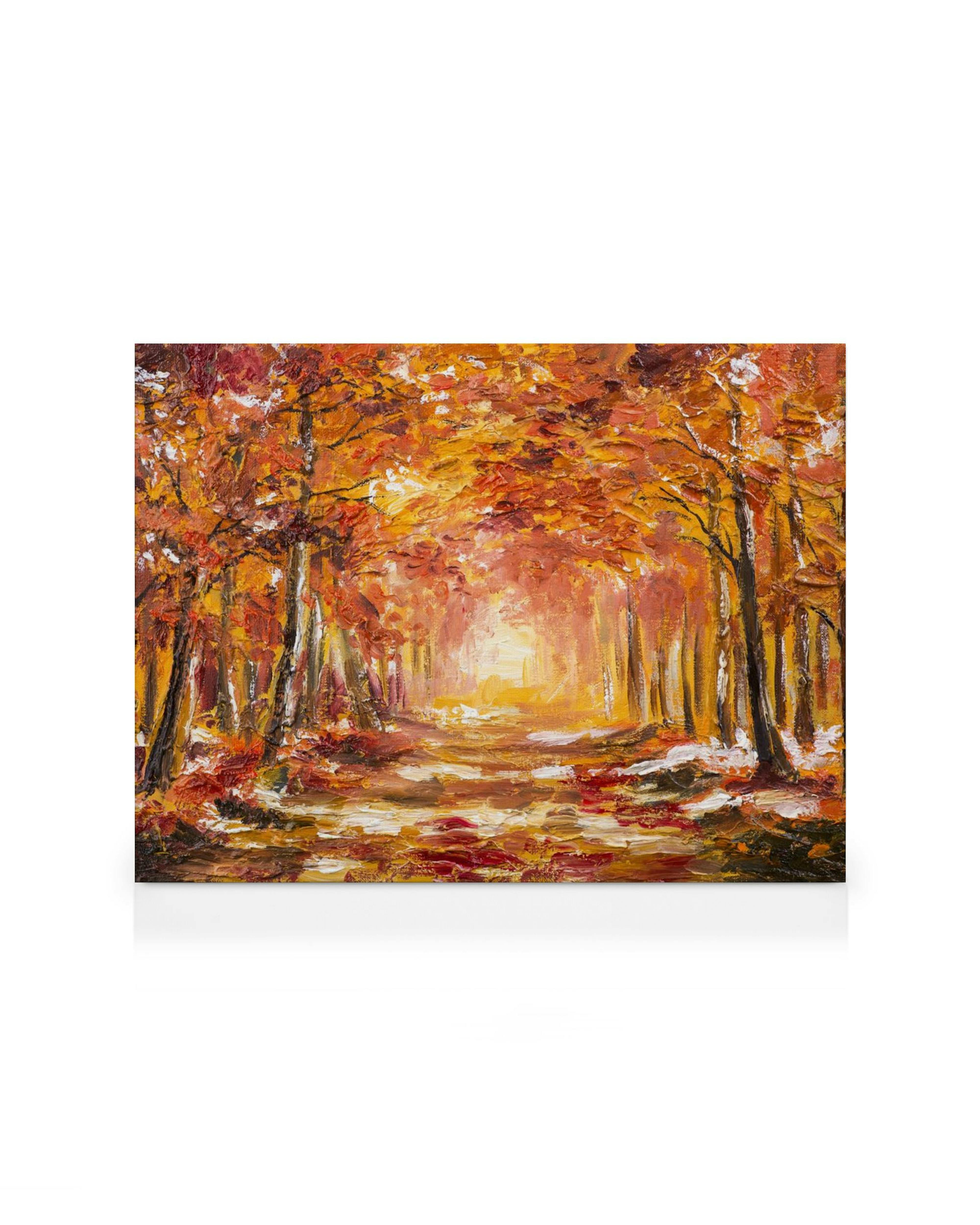 Lienzo de un paisaje otoñal con árboles de hojas naranjas y un camino iluminado por un sol brillante.