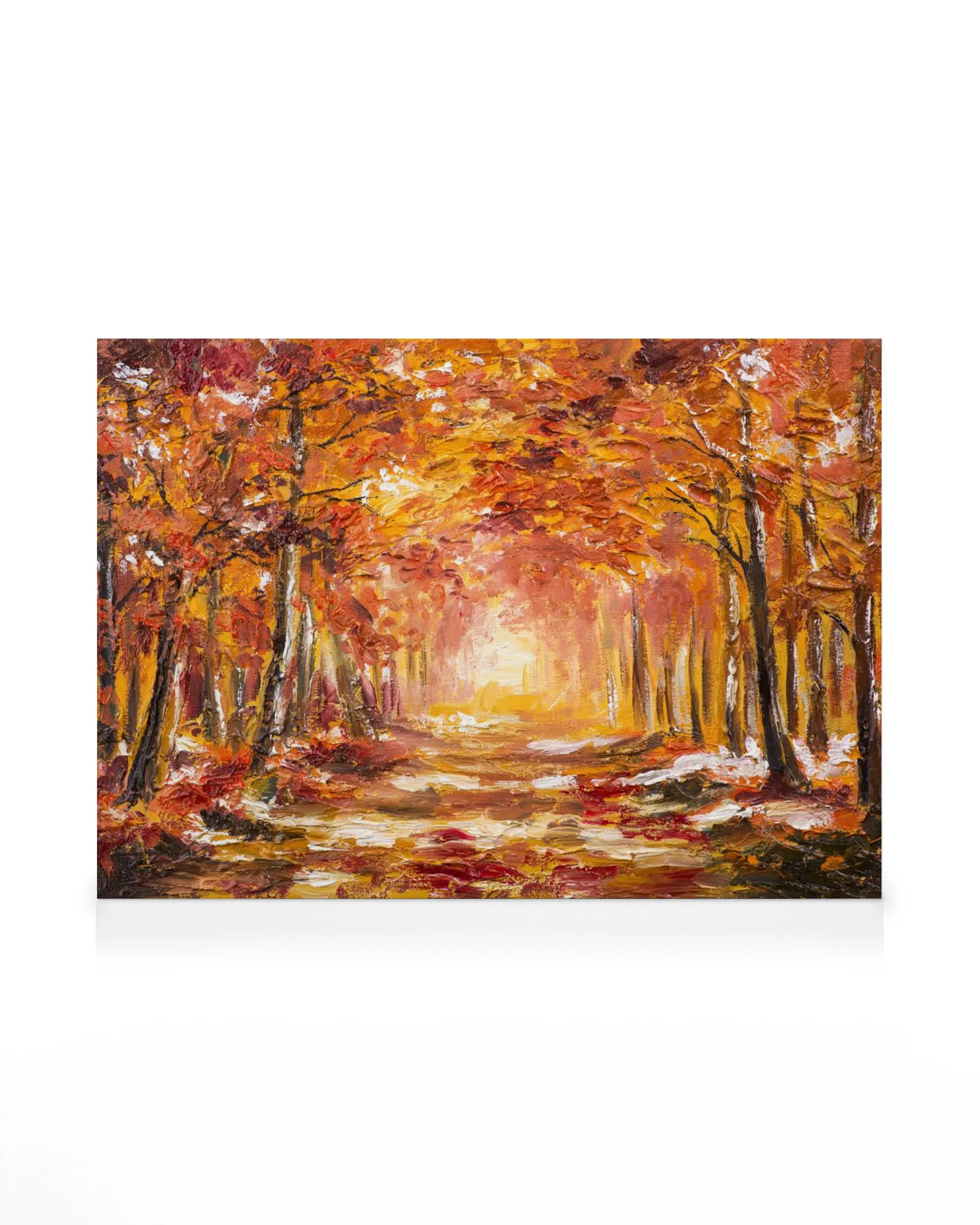 An autumnal forest path canvas painting with bright orange and red leaves and a glowing light ahead.