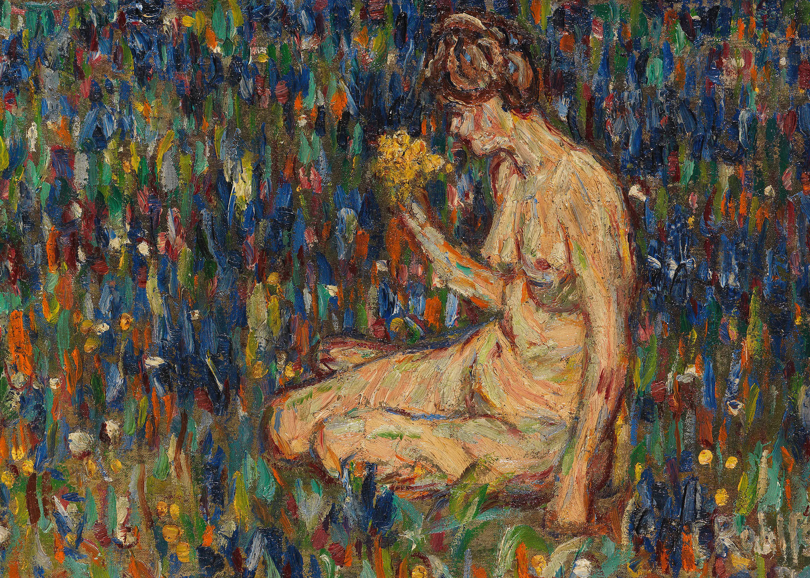 Christian Rohlfs - Female Nude with Yellow Bouquet of Flowers Poster 0