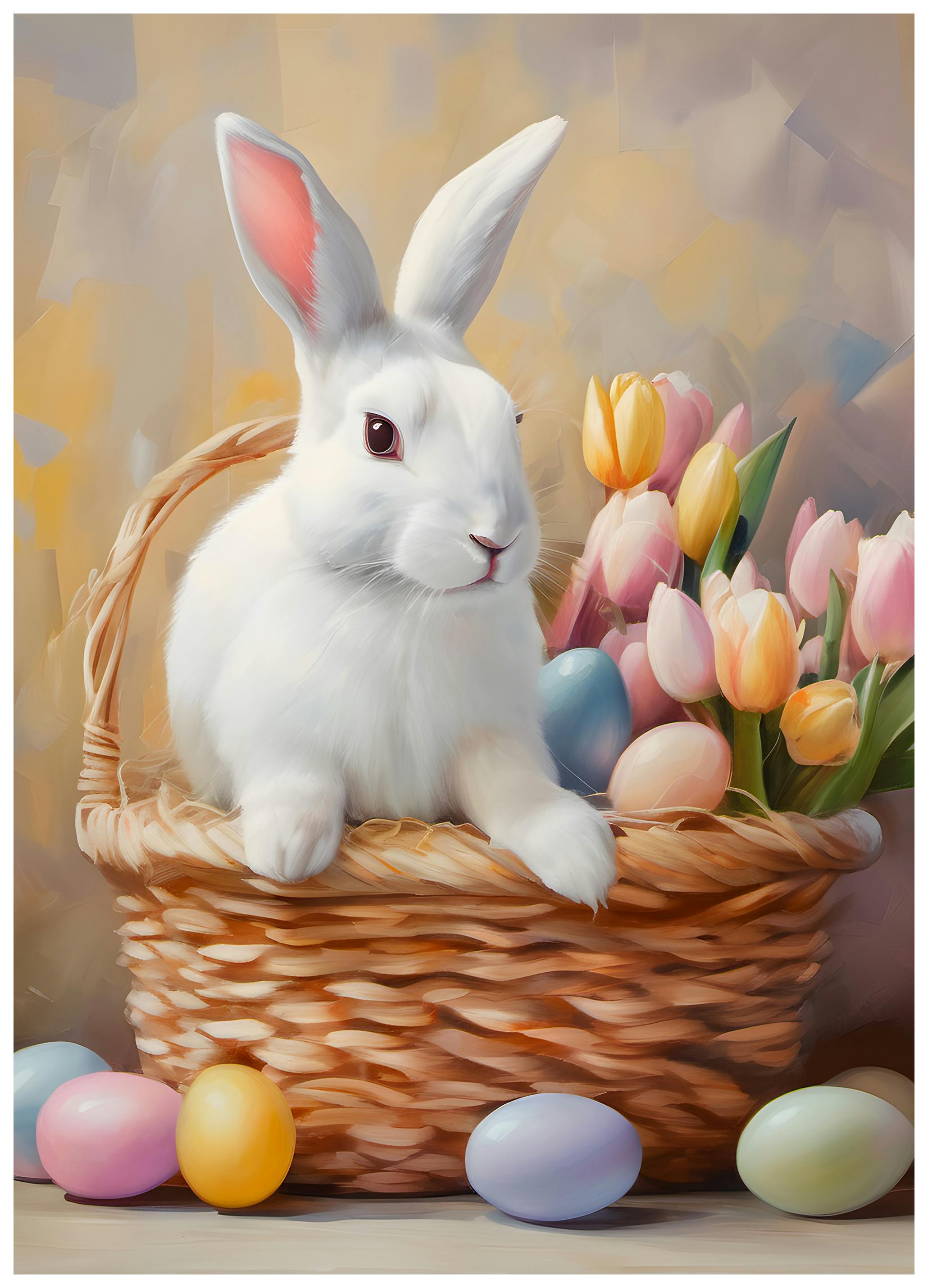 Hvit Påskehare i Kurv Plakat (70x100 cm) - Poster Store