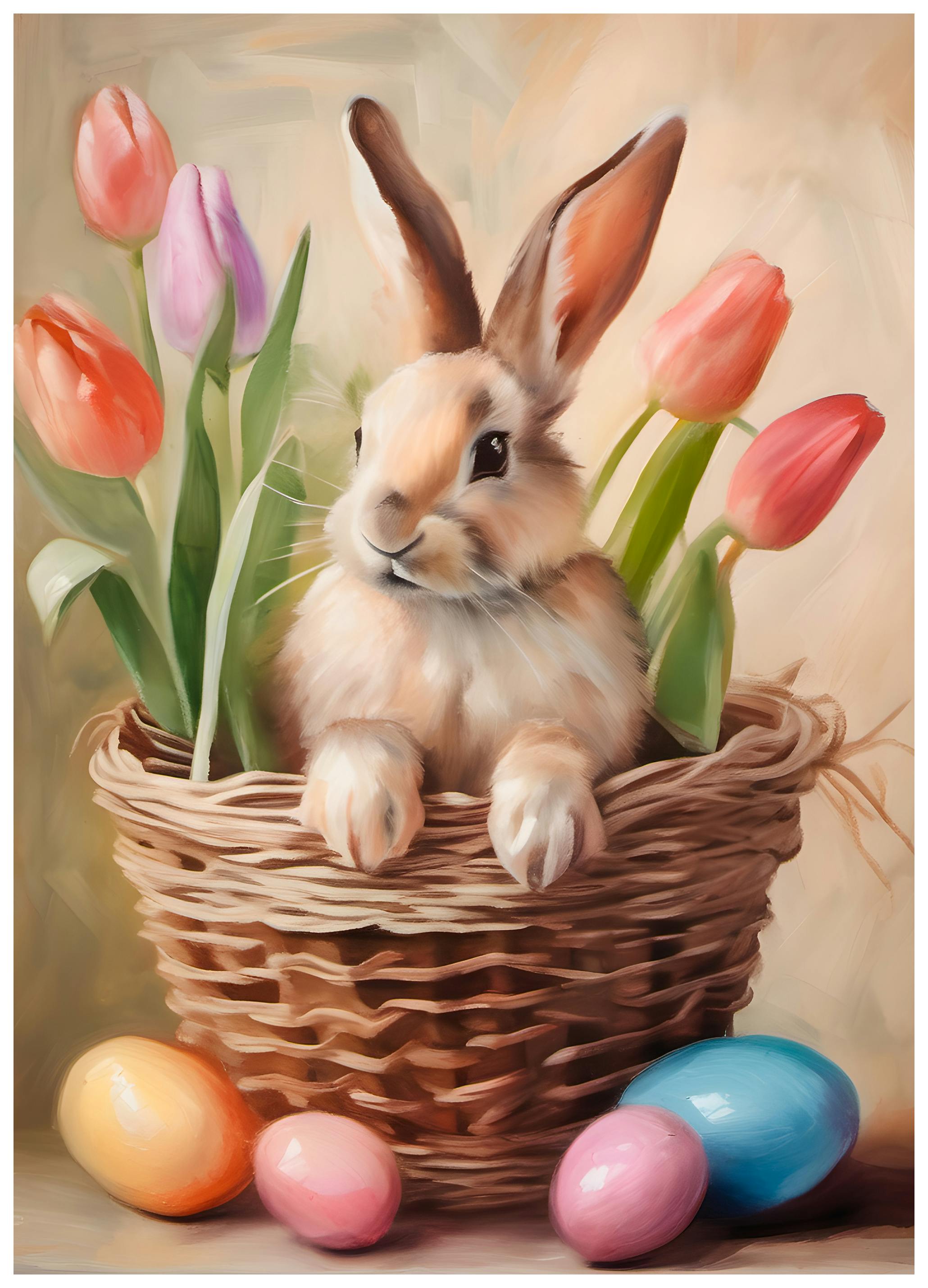 Prints Bunny with Tulips and Eggs Poster (70x100 cm) - Poster Store