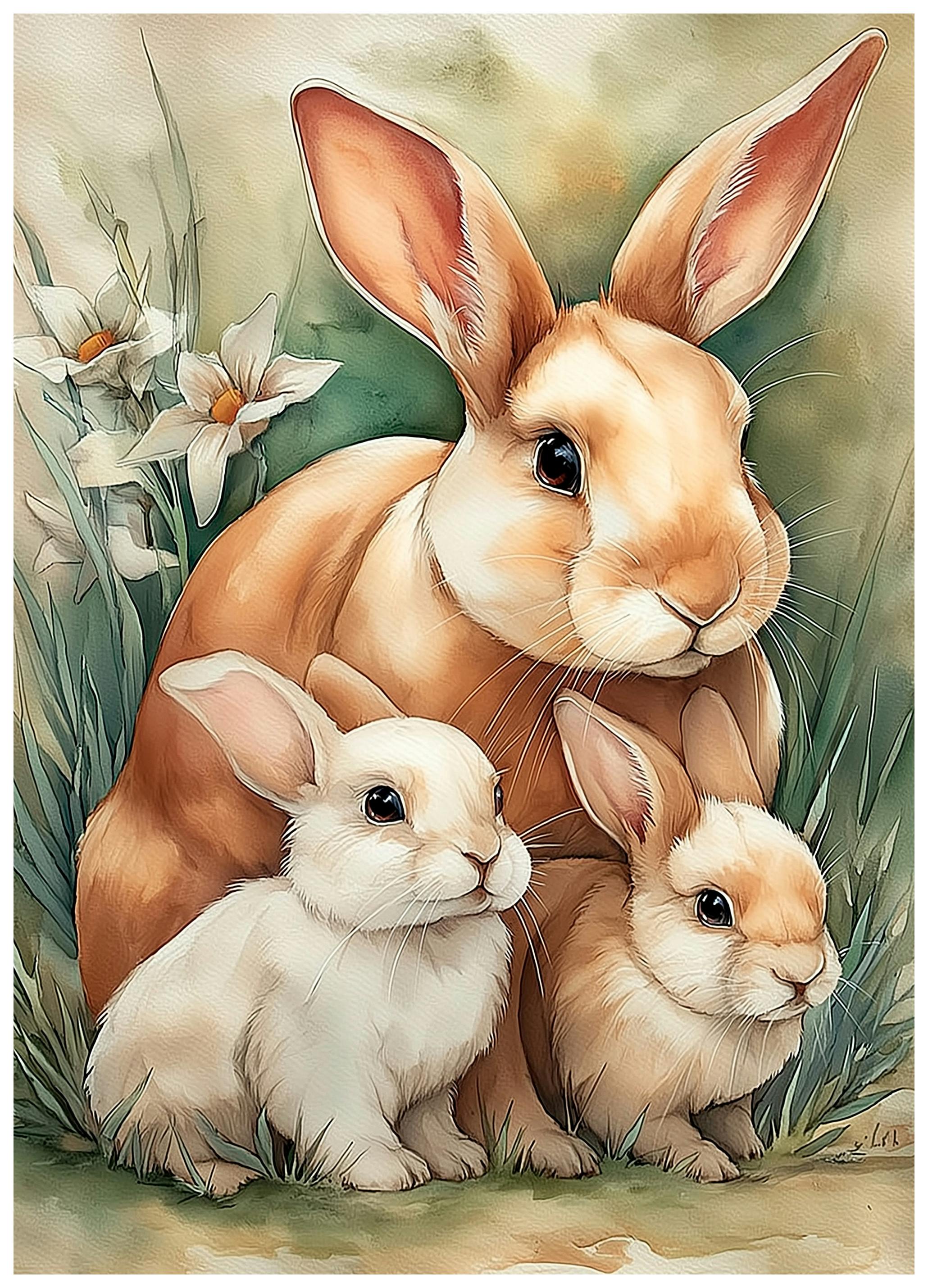Mother Rabbit and Baby Bunnies Poster (70x100 cm) - Poster Store