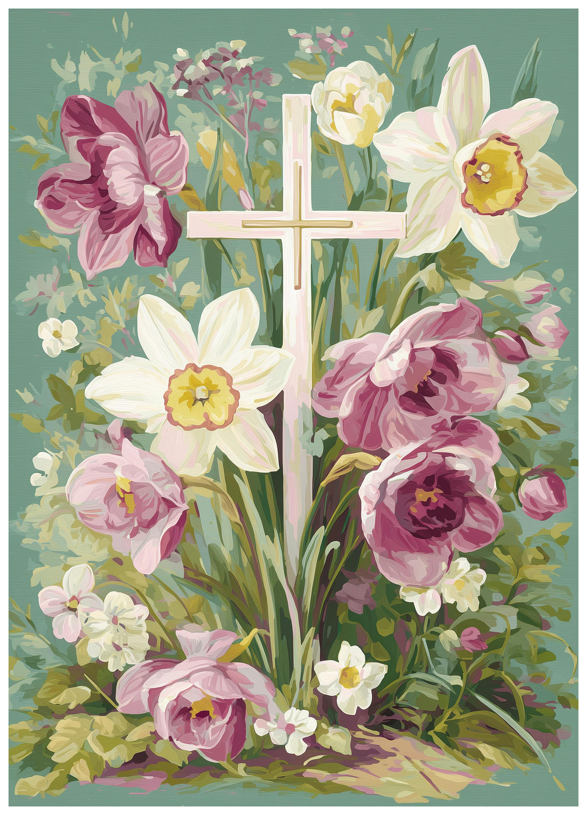 Easter Cross with Spring Flowers Poster (21x30 cm) - Poster Store