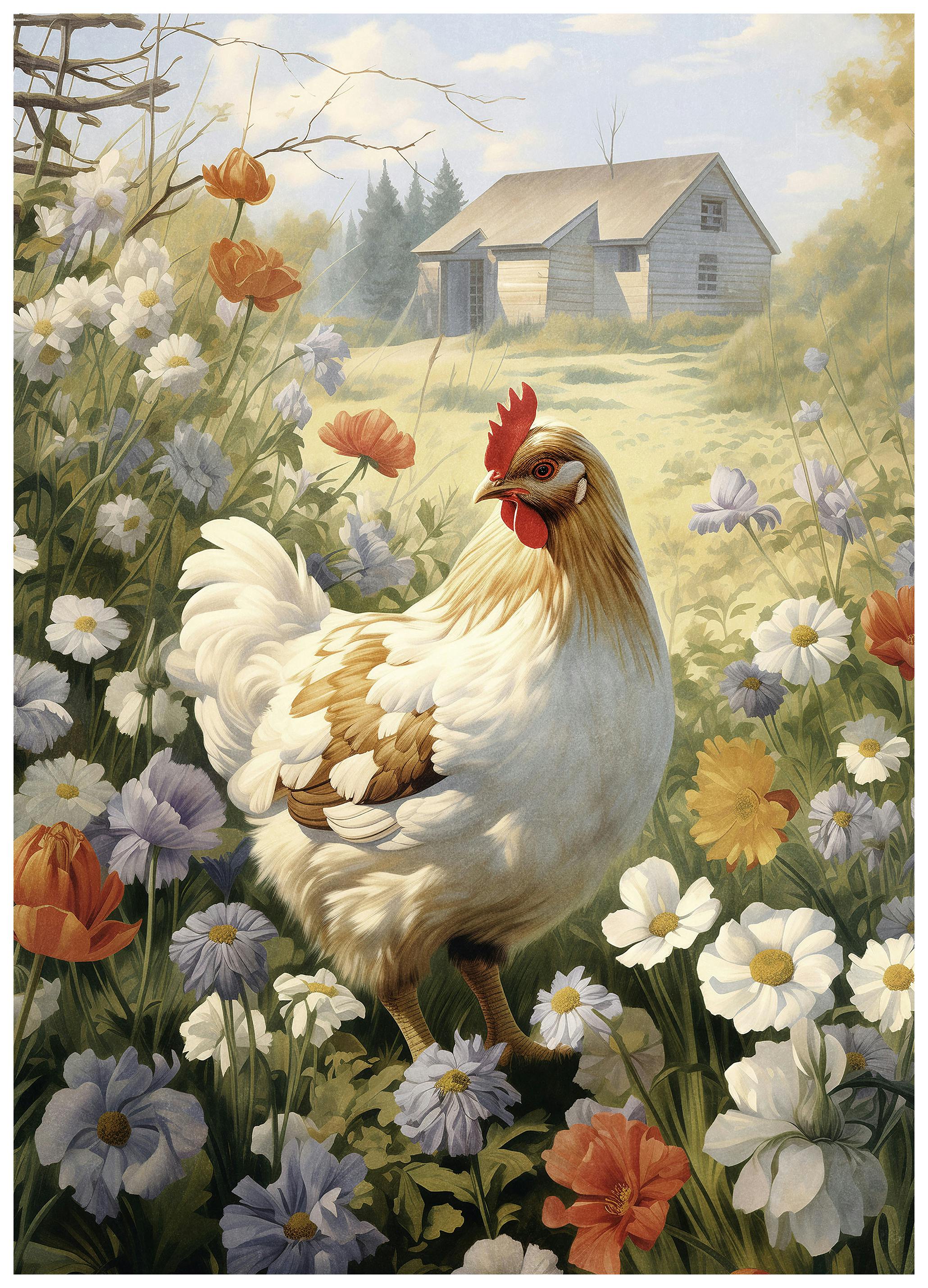 Olga Telnova - Country Farm Hen and Wildflowers Poster (50x70 cm) - Poster Store
