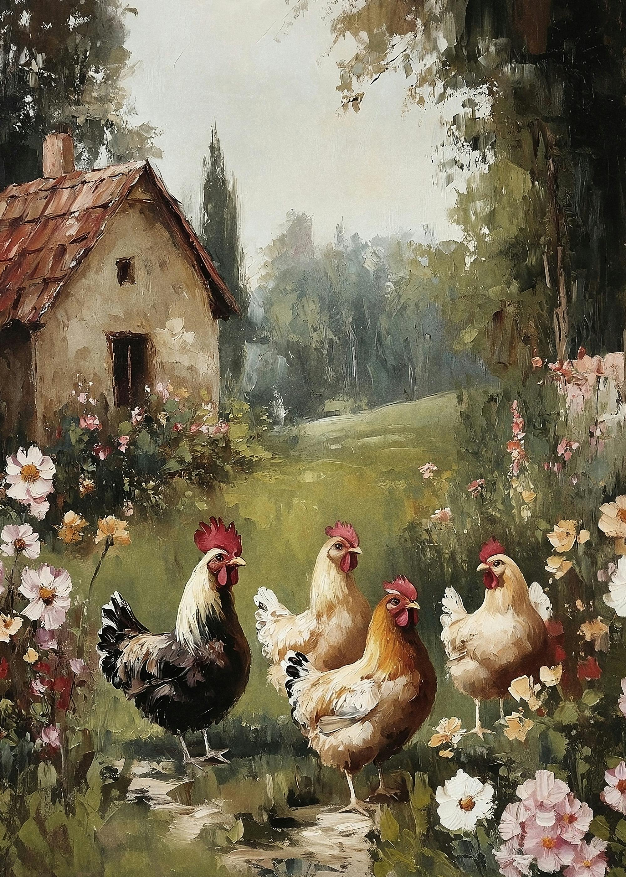 Olga Telnova - Rustic Cottage Garden Chickens Poster 0