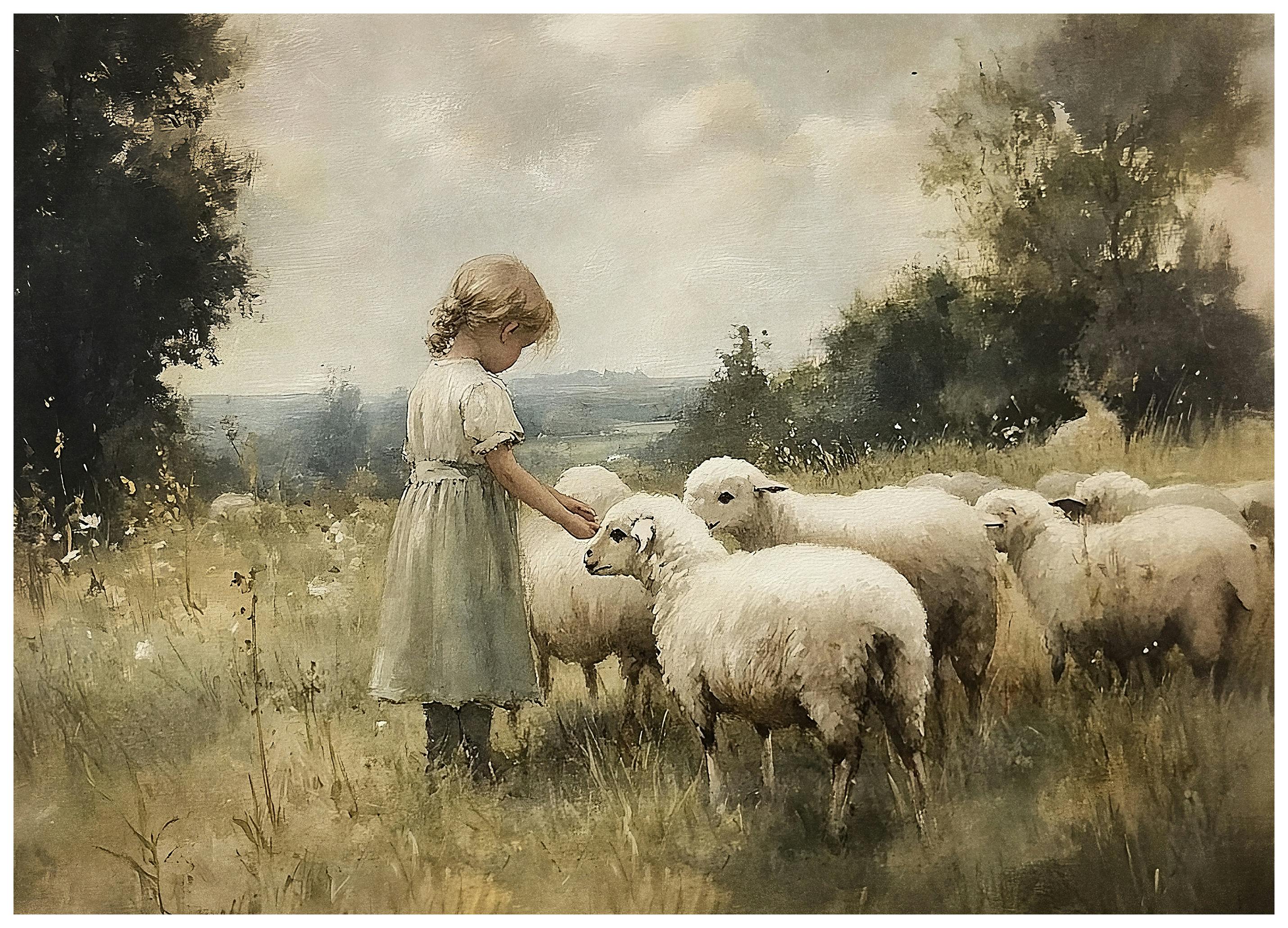 Olga Telnova - Herdersmeisje met Schapen Poster (50x70 cm) - Poster Store