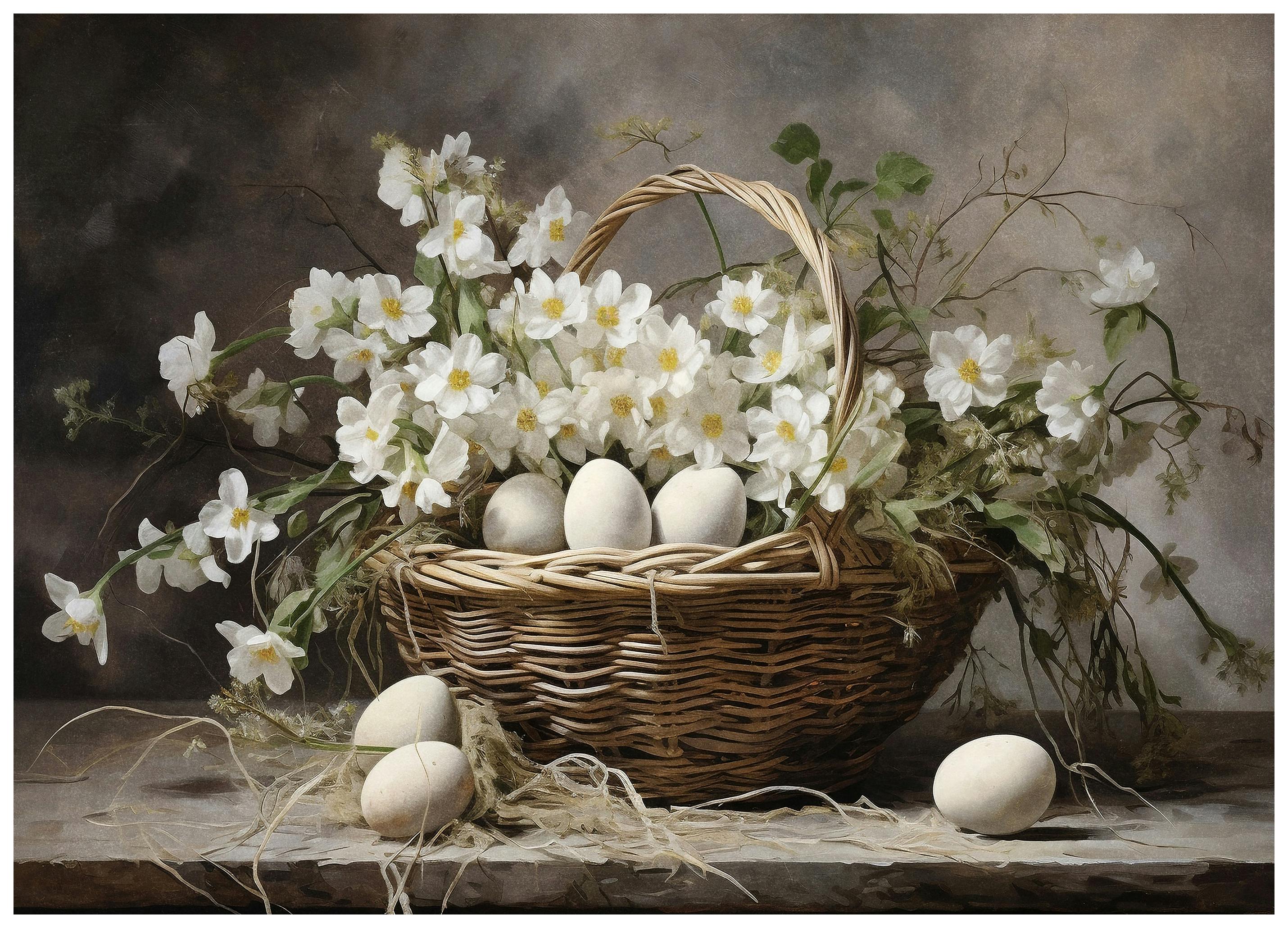 Prints Olga Telnova - Egg Basket with White Blossoms Poster (50x70 cm) - Poster Store