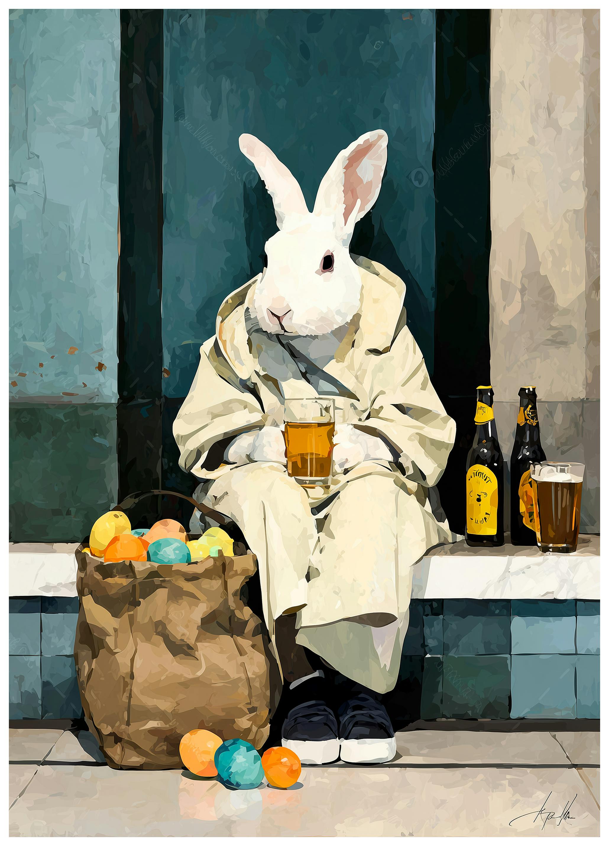 Urban Bunny with Beer Poster (70x100 cm) - Poster Store