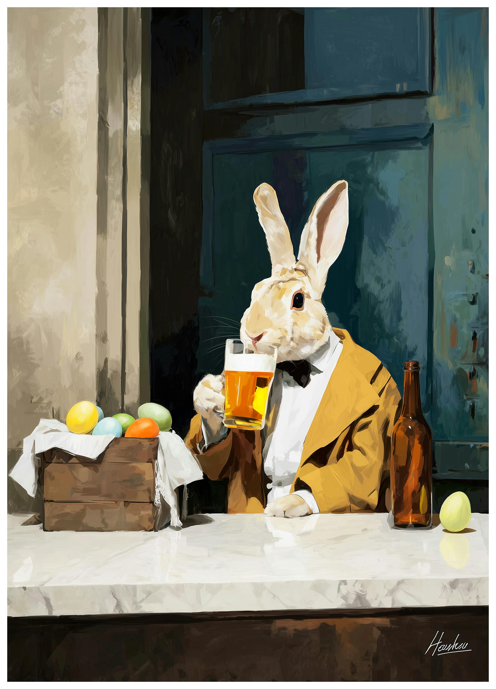 Contemporary Rabbit with Beer Poster (50x70 cm) - Poster Store