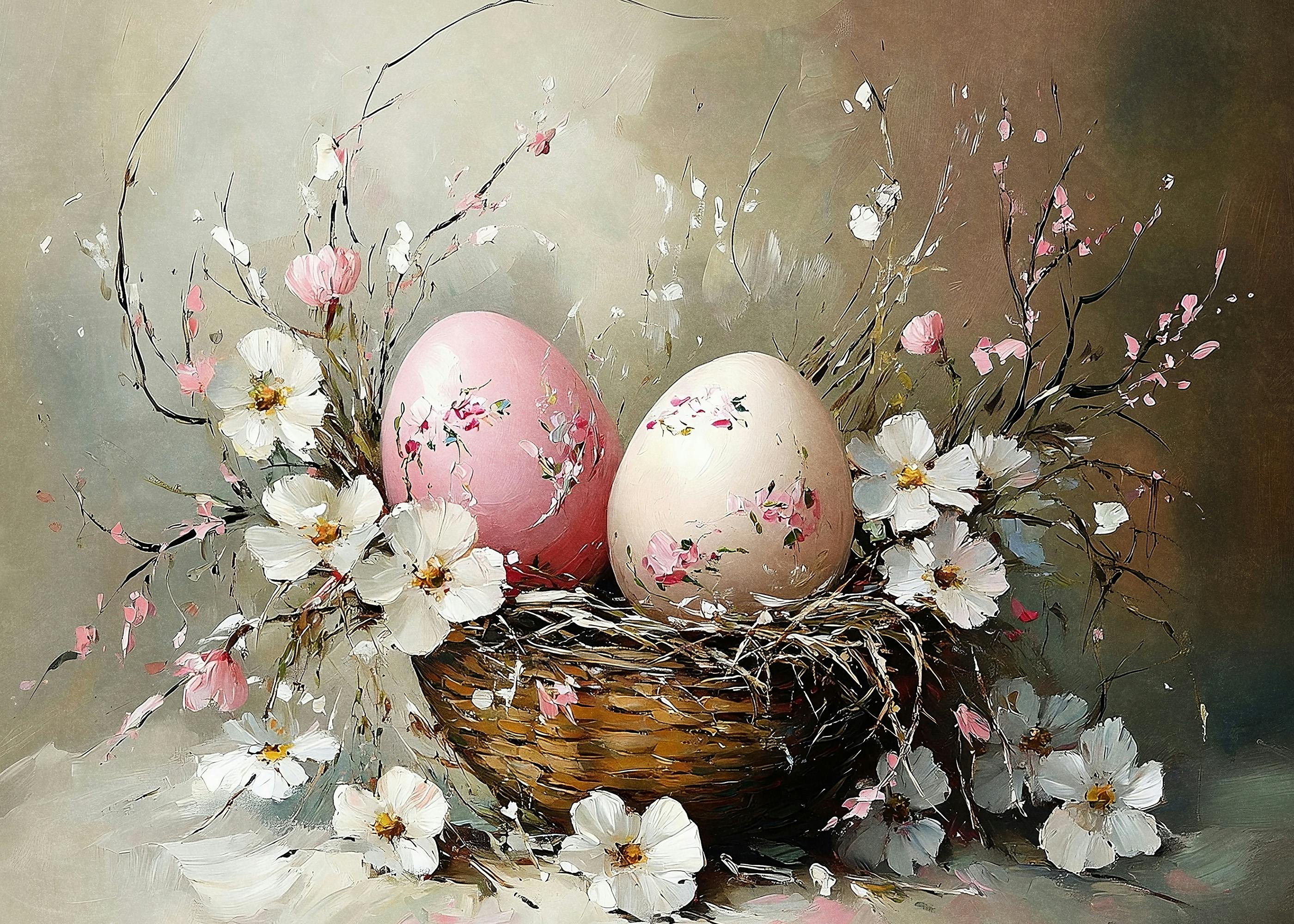 ピンクのイースターエッグと春の花のポスター 0