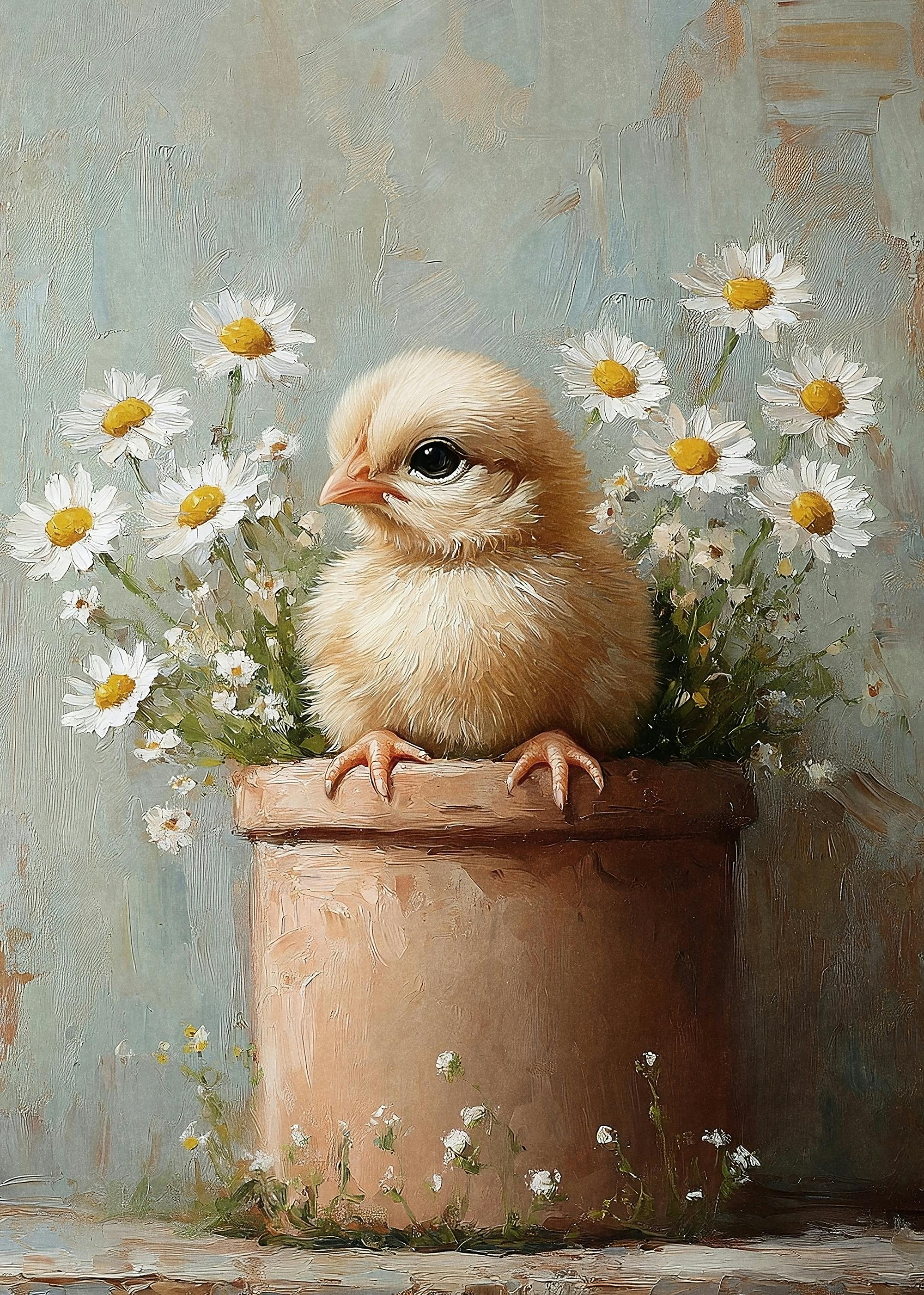 デイジーフラワーポットのひよこ ポスター 0