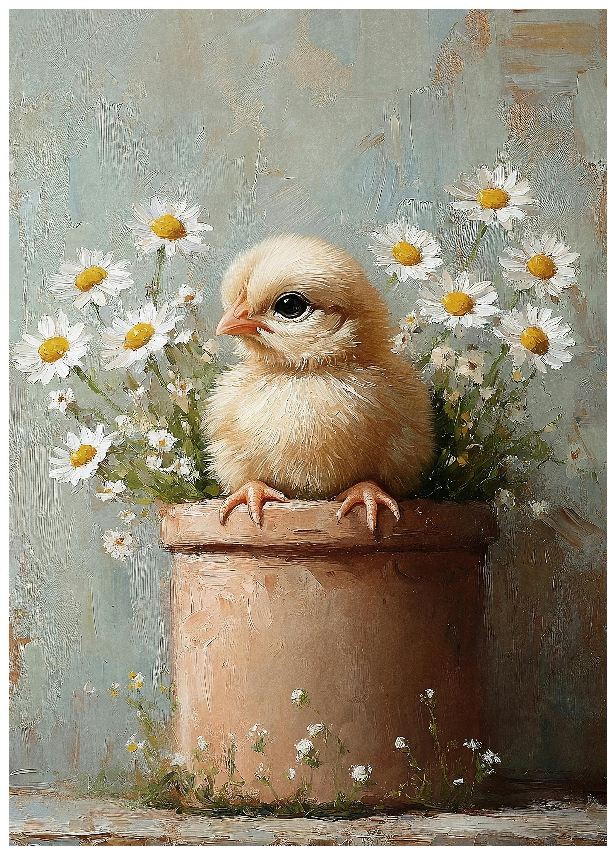 Olga Telnova - Kuiken in Madeliefjes Bloempot Poster (50x70 cm) - Poster Store