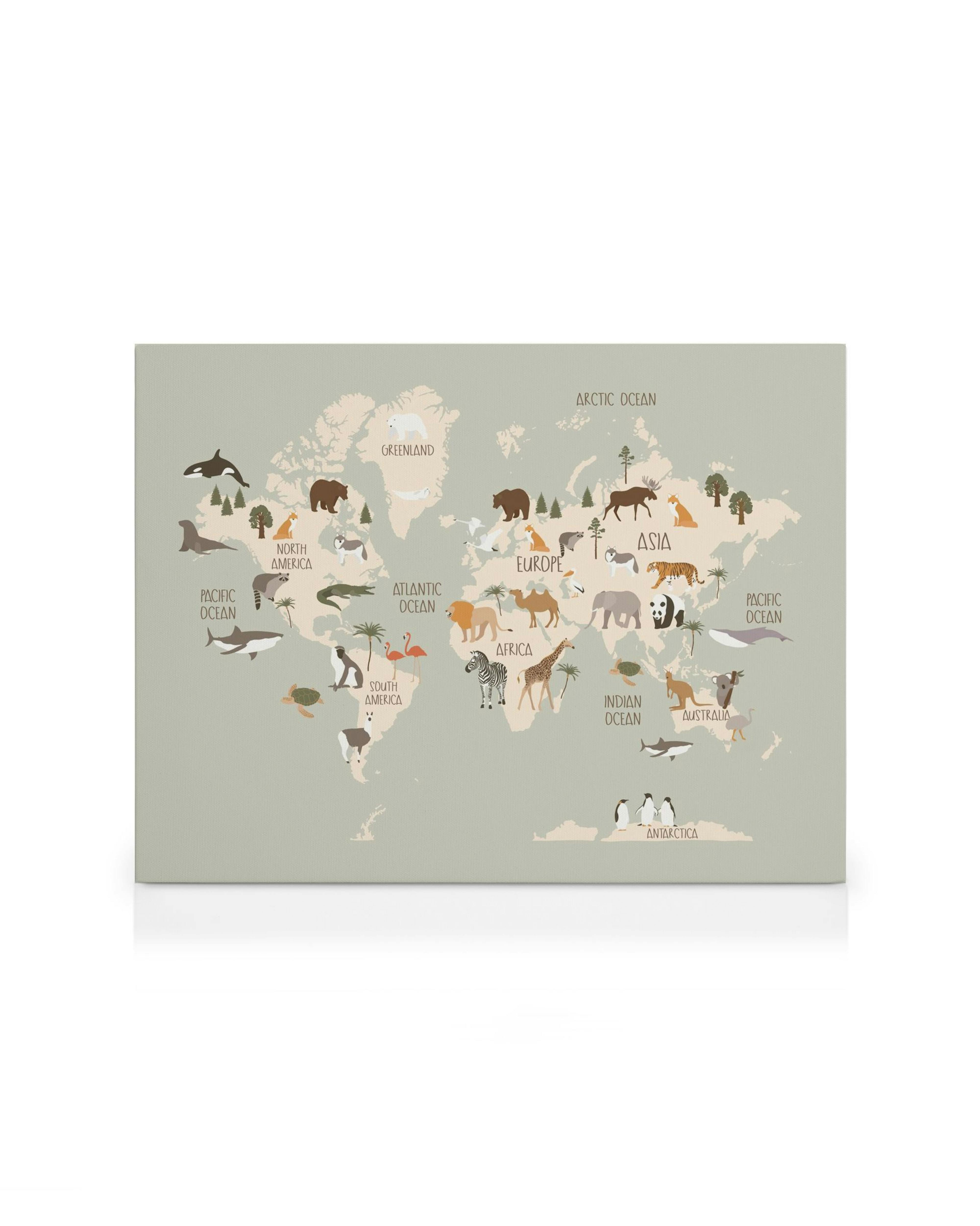 A canvas displaying a world map with continents and oceans labeled, featuring various animals in their respective regions.