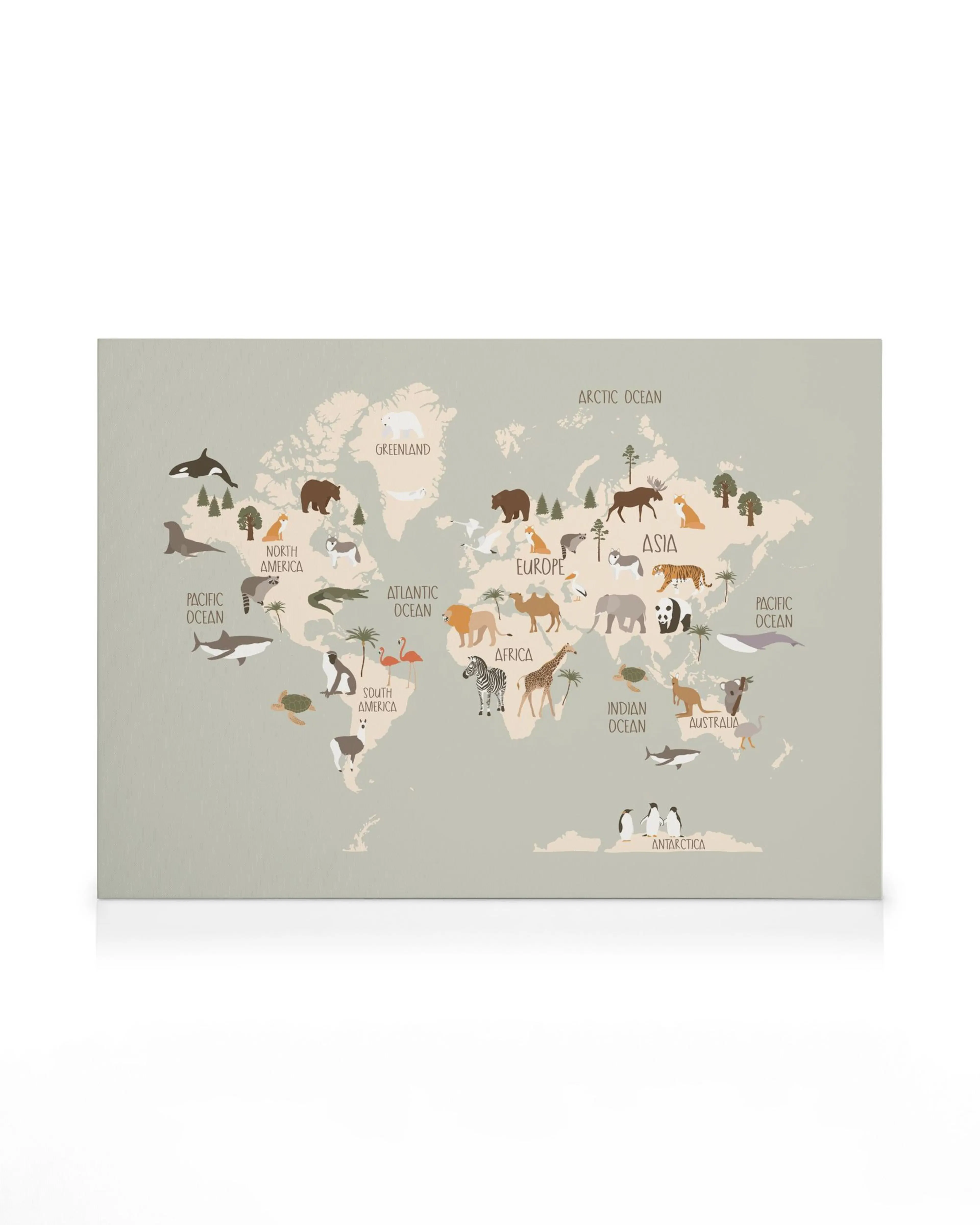 Lienzo de un mapa del mundo infantil con animales de cada continente, sobre un fondo gris claro.