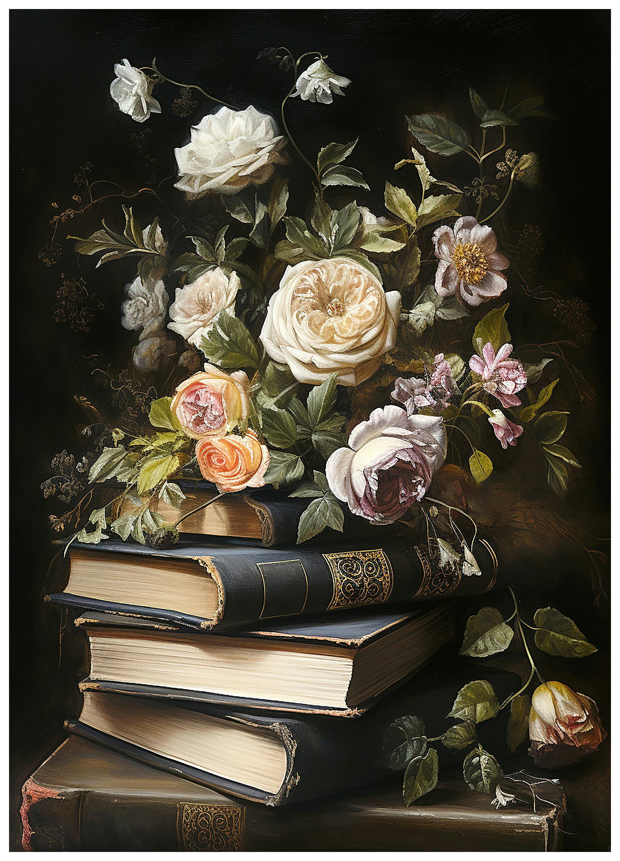 Olga Telnova - Vintage Floral Books Poster (100x150 cm) - Poster Store