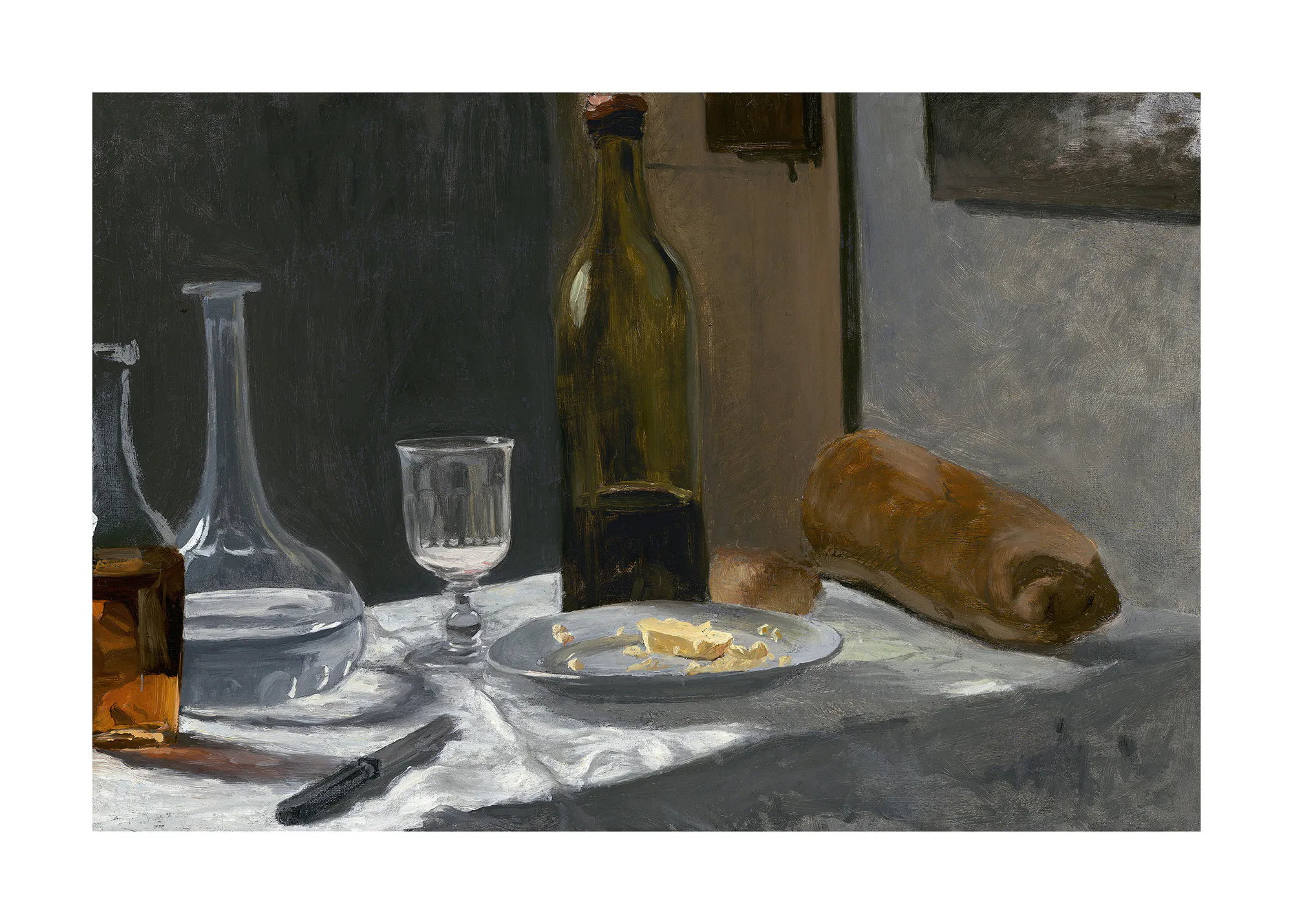 Claude Monet - Martwa natura z butelką, karafką, chlebem i winem Plakat 0