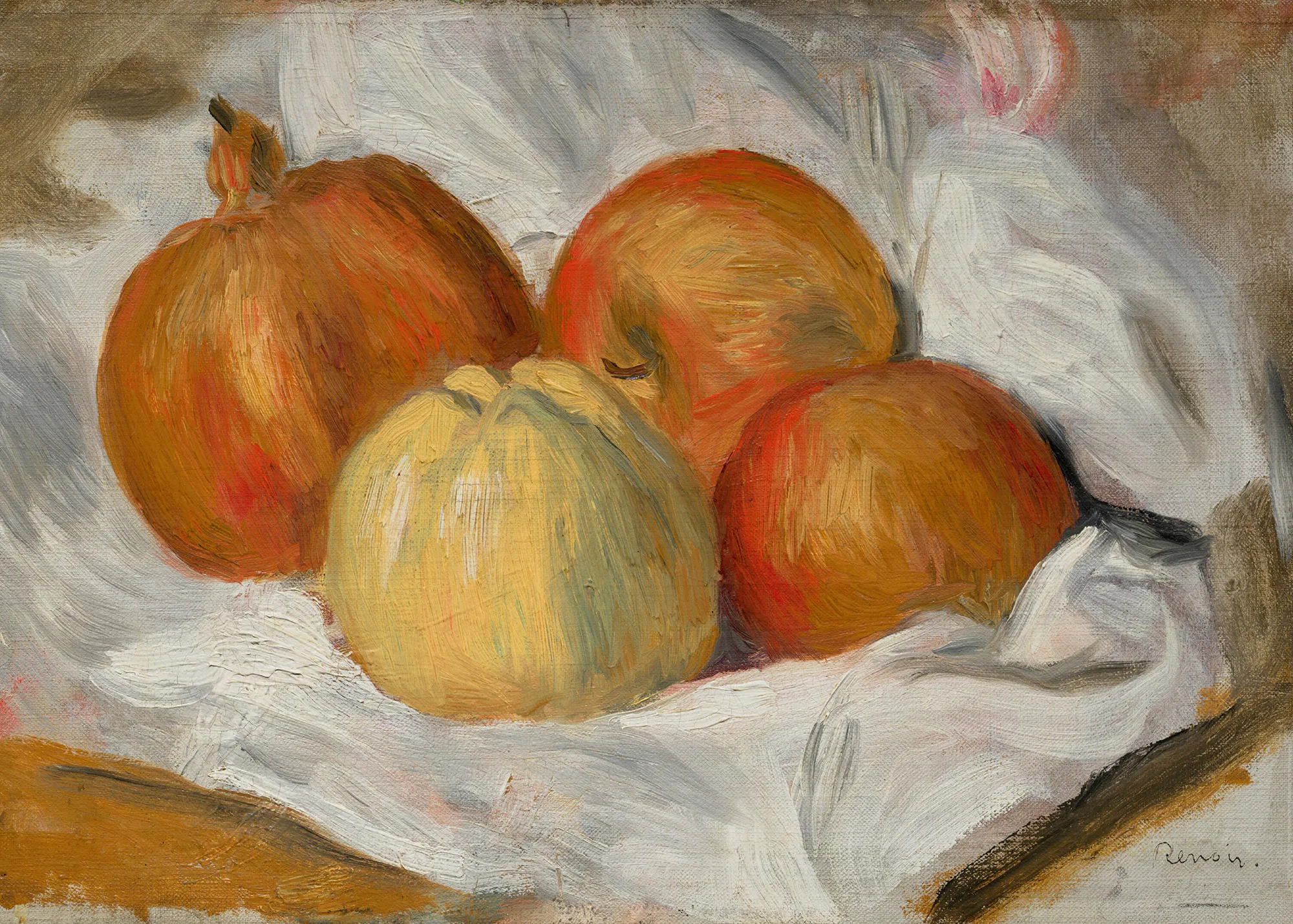 Pierre-Auguste Renoir - Jabłka, pigwa i granat na tkaninie Plakat 0