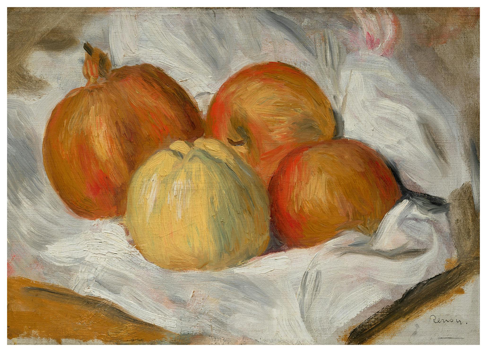 Pierre-Auguste Renoir - Jabłka, pigwa i granat na tkaninie Plakat (50x70 cm) - Poster Store