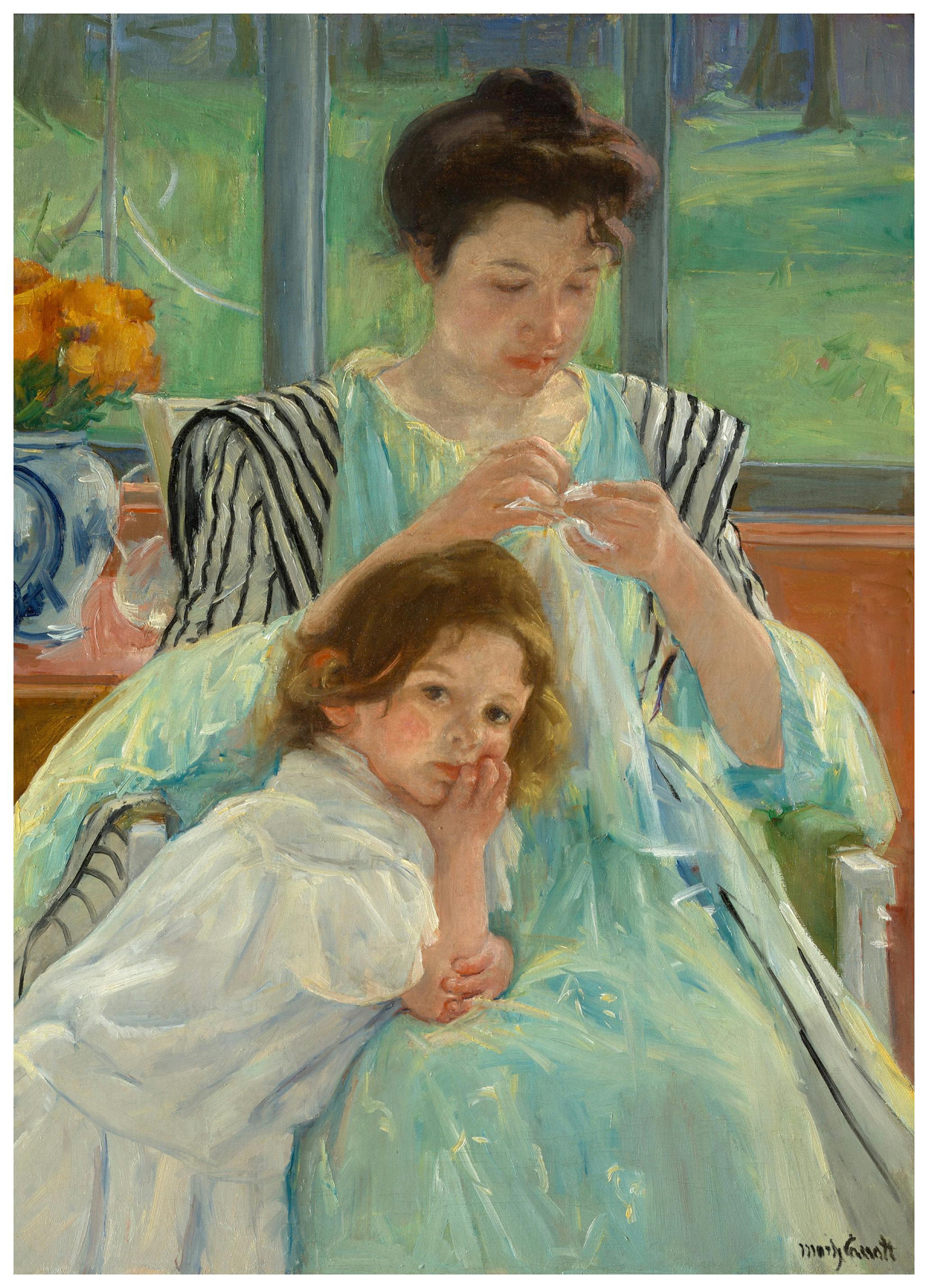 Mary Cassatt - Naaiende Jonge Moeder Poster (70x100 cm) - Poster Store