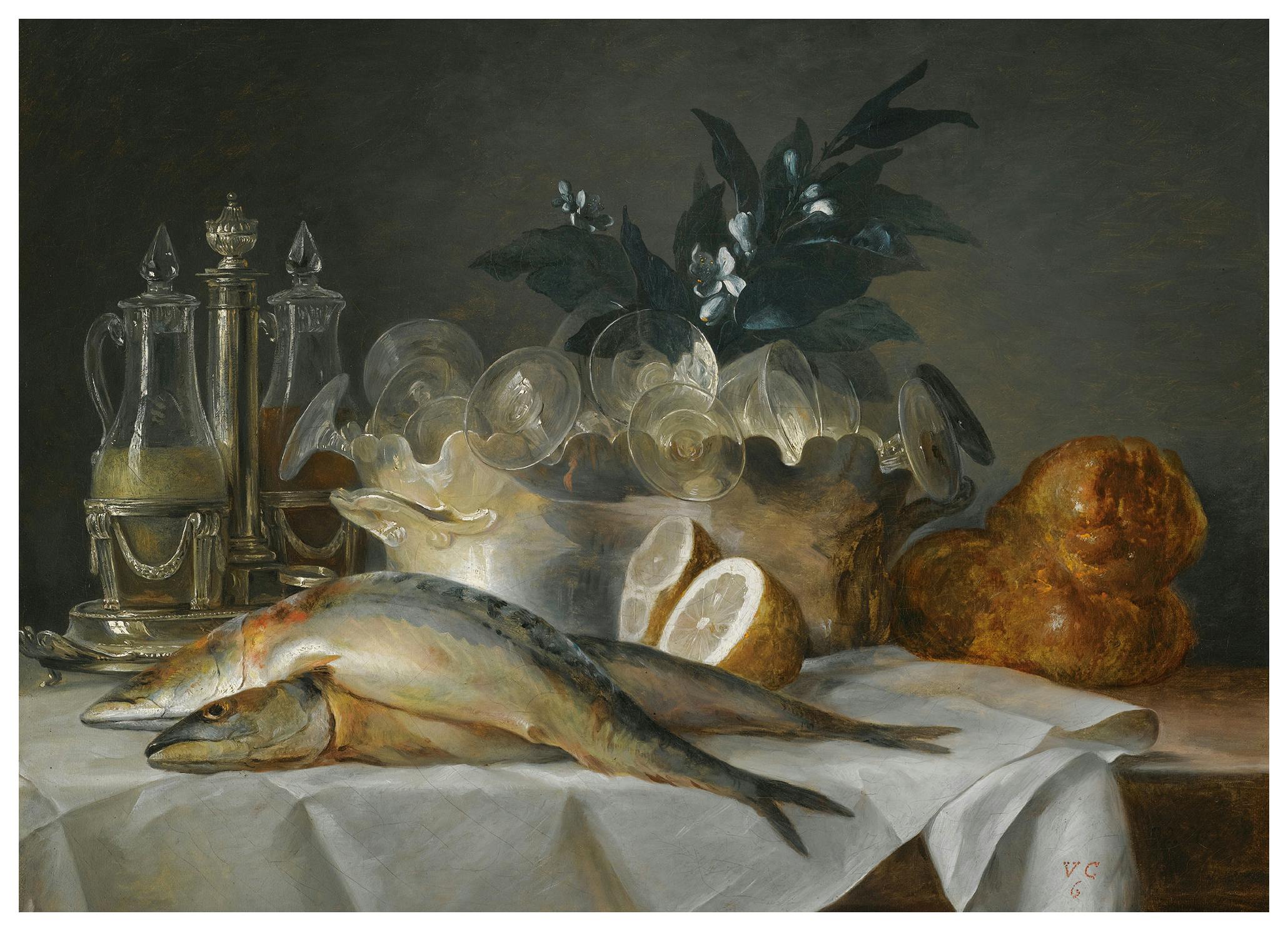 Anne Vallayer-Coster - A Still Life Of Mackerel, Glassware, A Loaf Of Bread And Lemons On A Table With A White Cloth Poster (50x70 cm) - Poster Store