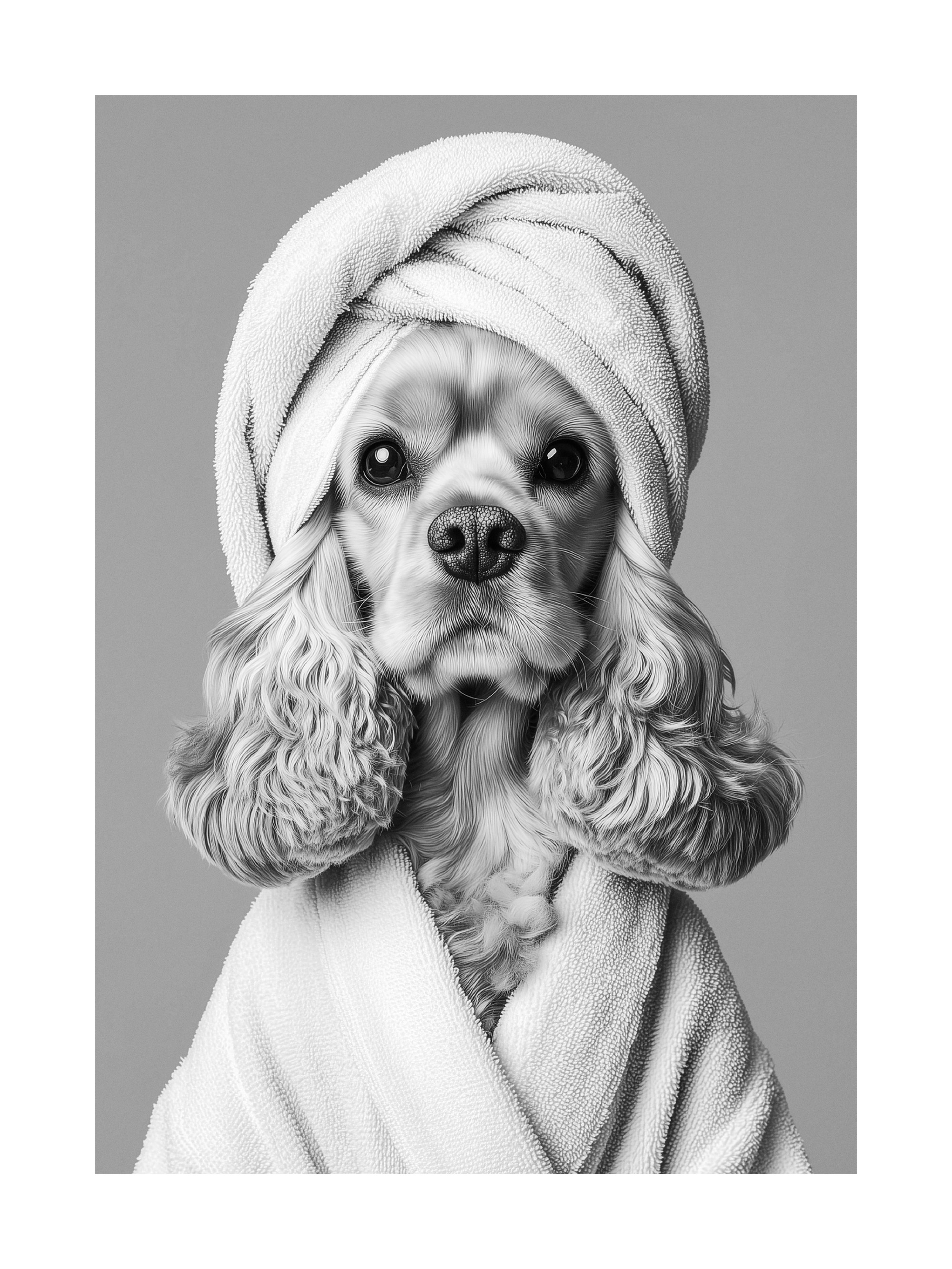 タオルを巻いたコッカースパニエル犬 モノクロおしゃれアートポスター
