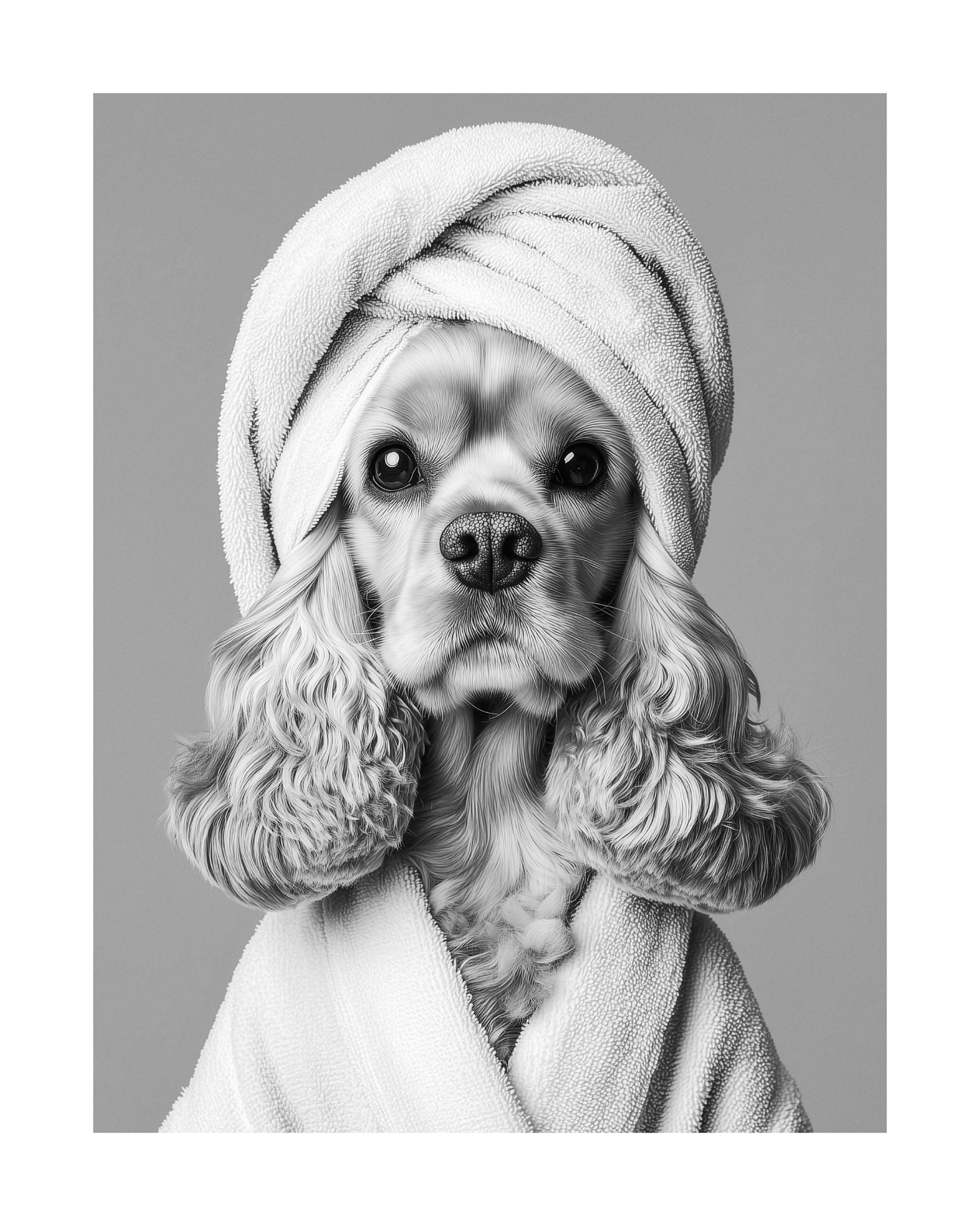 タオルを巻いたコッカースパニエル犬 モノクロおしゃれアートポスター