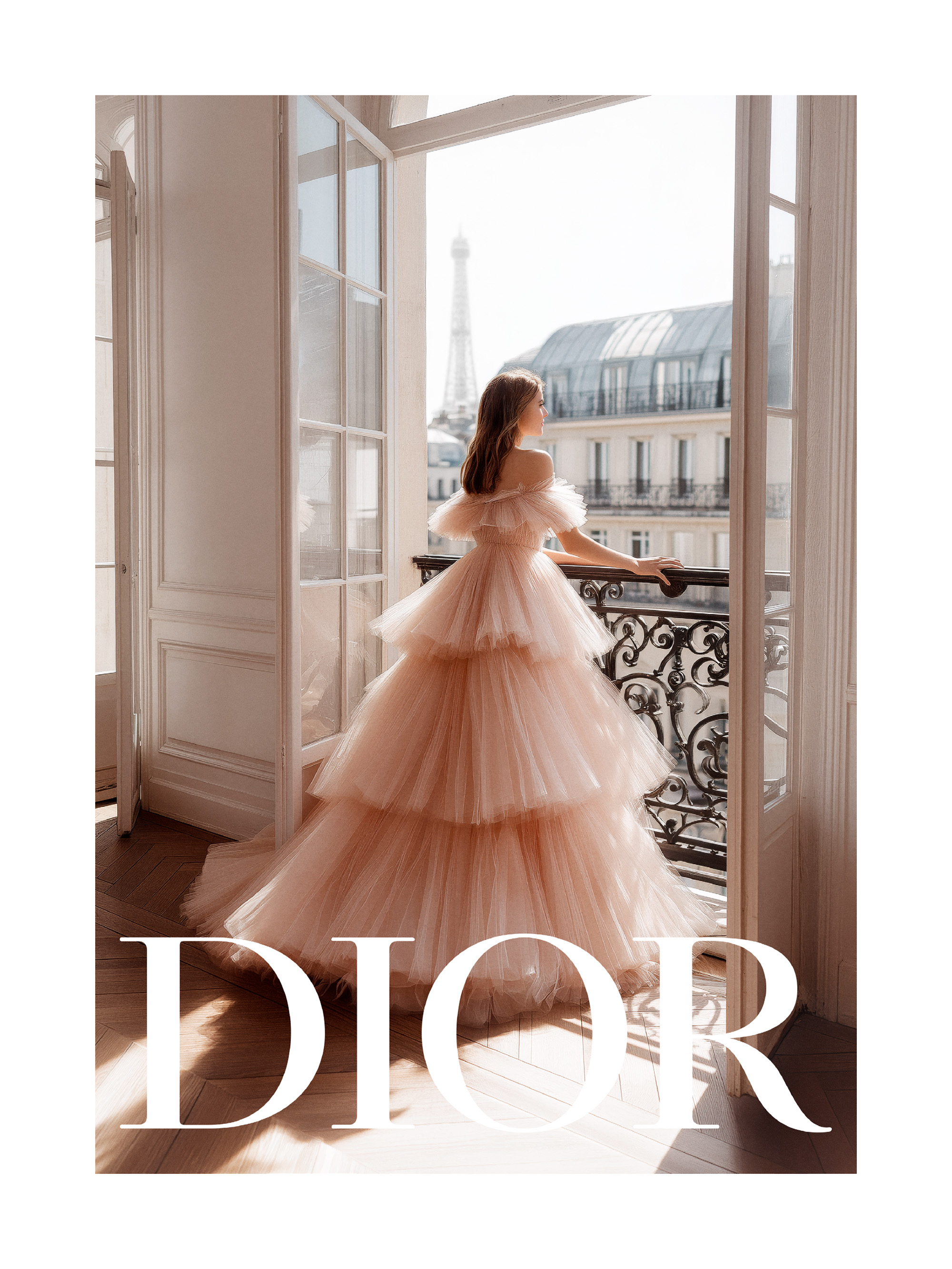 ディオール　Dior エレガントなパーティードレス ピンクとイエロー ディオール エレガント ピンクドレス パリ ファッション ポスター