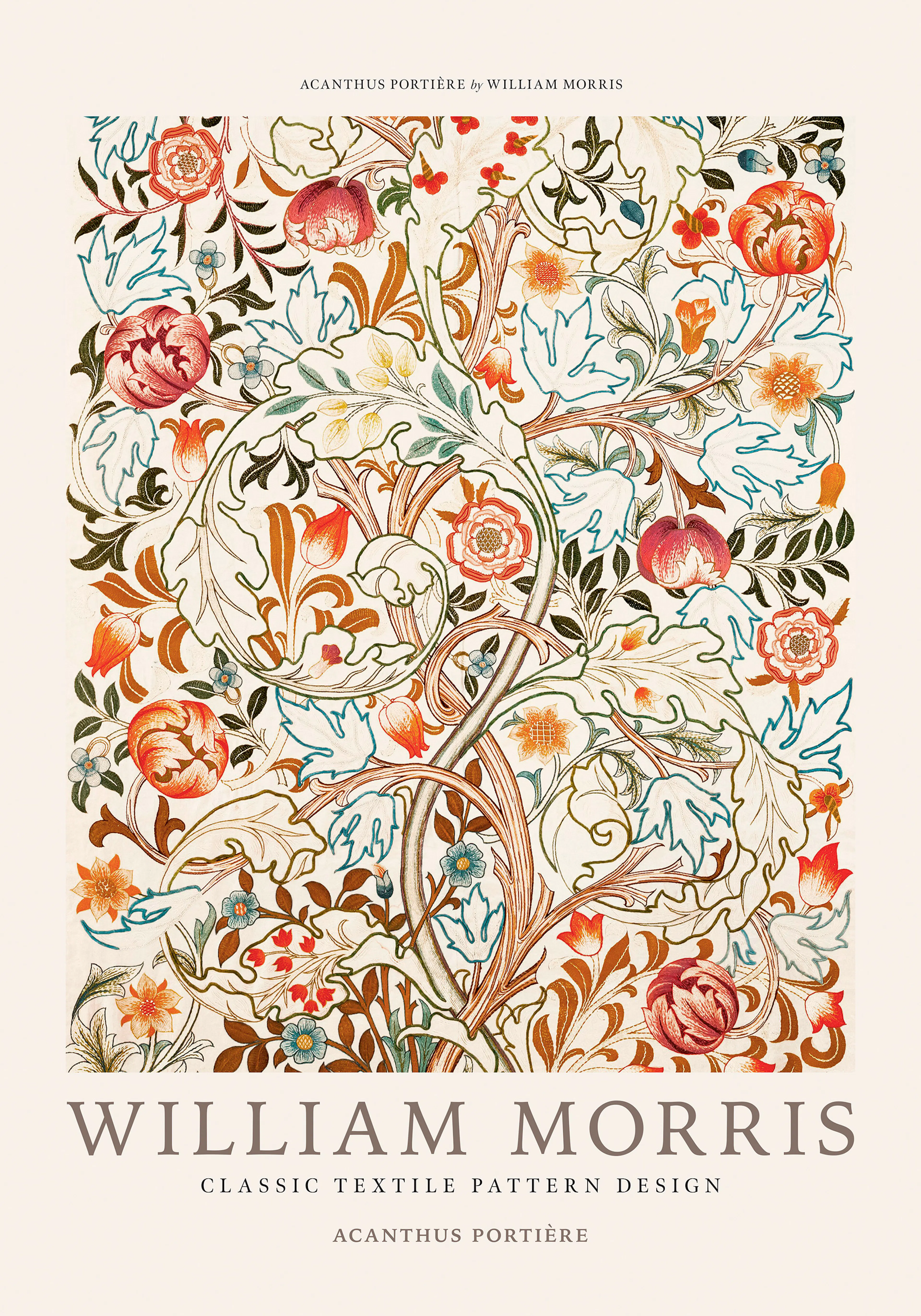Poster mit einem William Morris-Muster aus stilisierten Blättern und Blüten in Rot-, Grün- und Brauntönen auf hellem Hintergrund