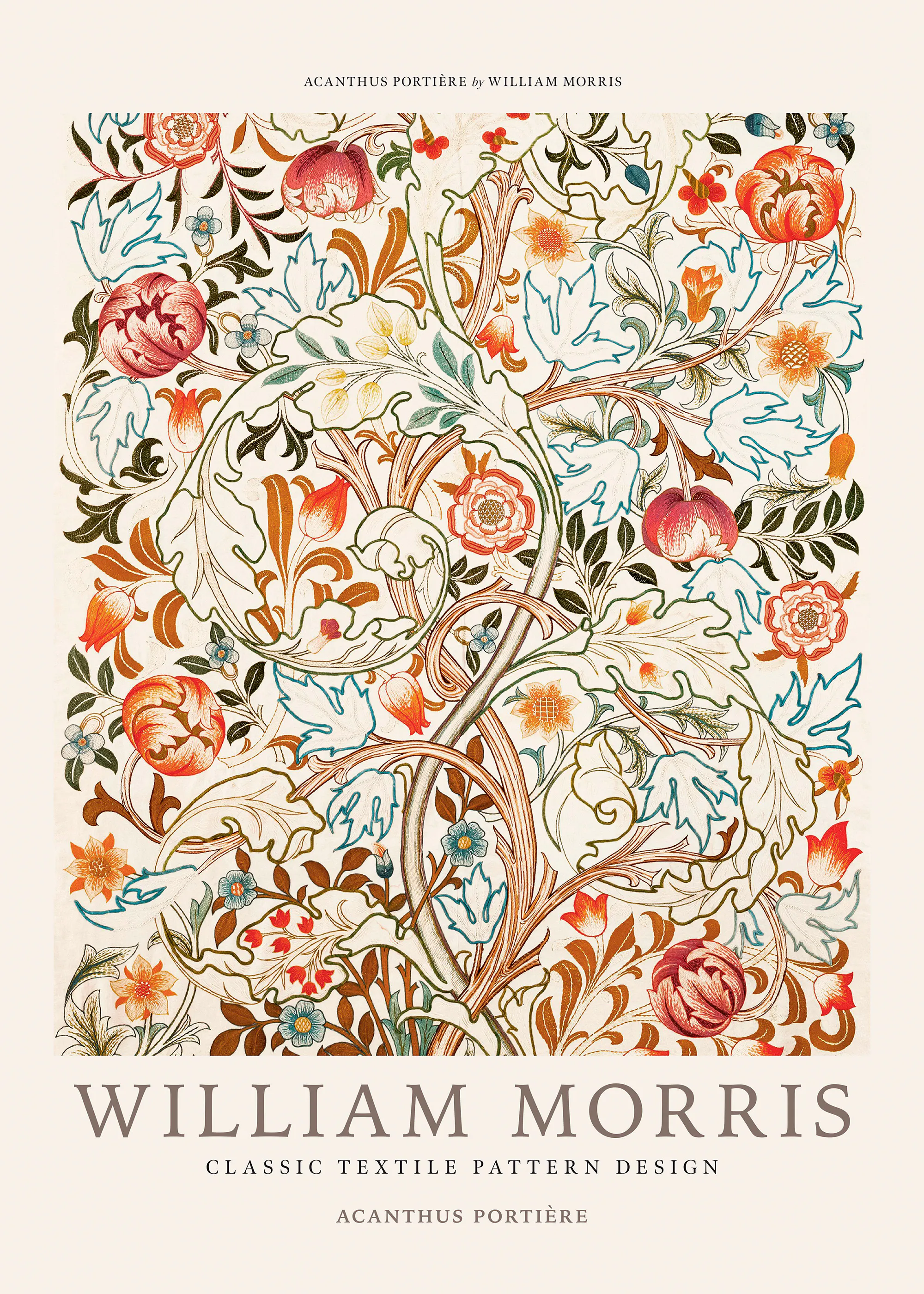 Poster William Morris avec motif floral ancien de style Arts and Crafts, feuilles dacanthe et fleurs rouges et oranges.