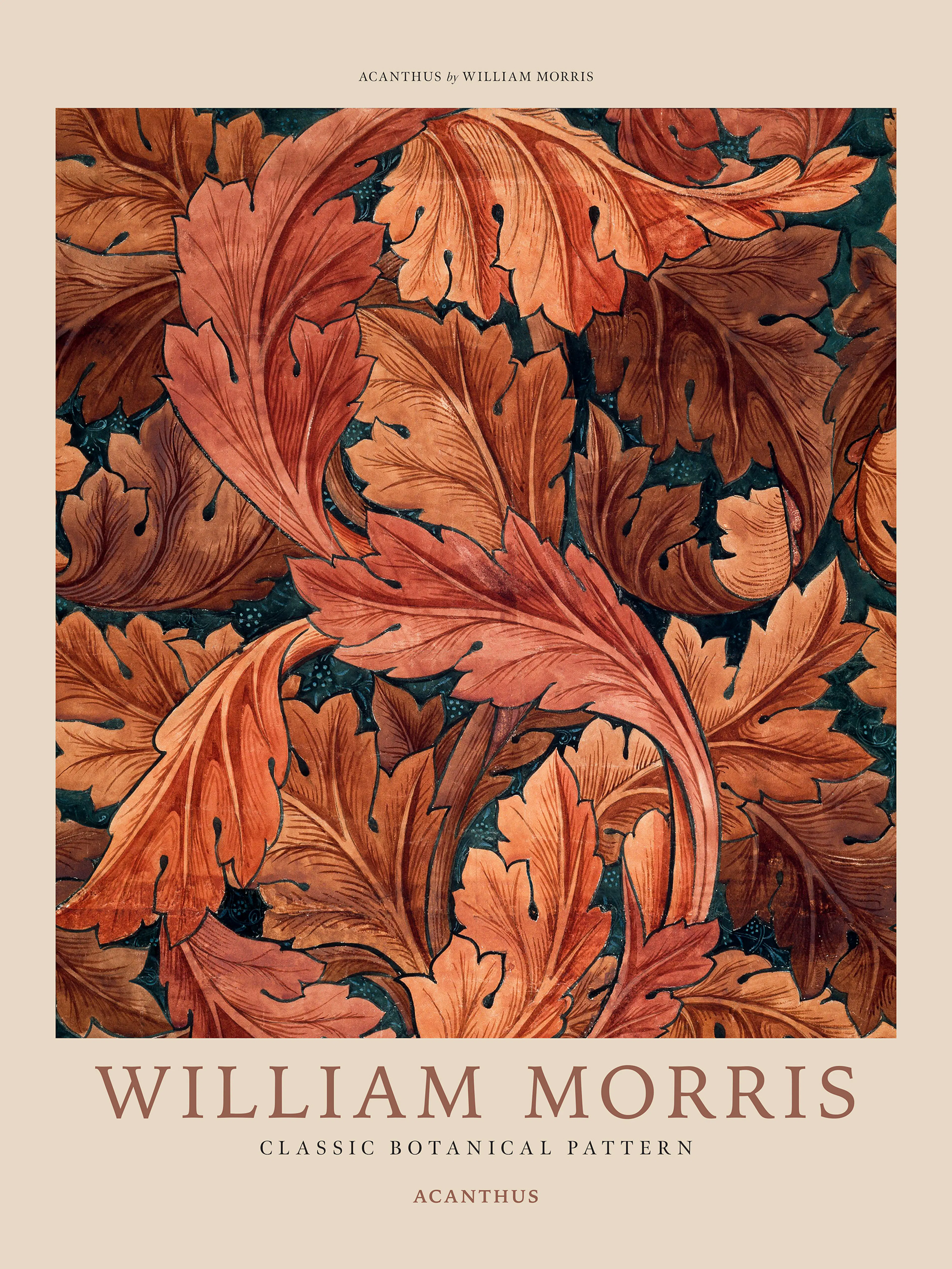 A poster featuring William Morris Acanthus design with large, detailed reddish-brown and orange leaves on a dark teal background