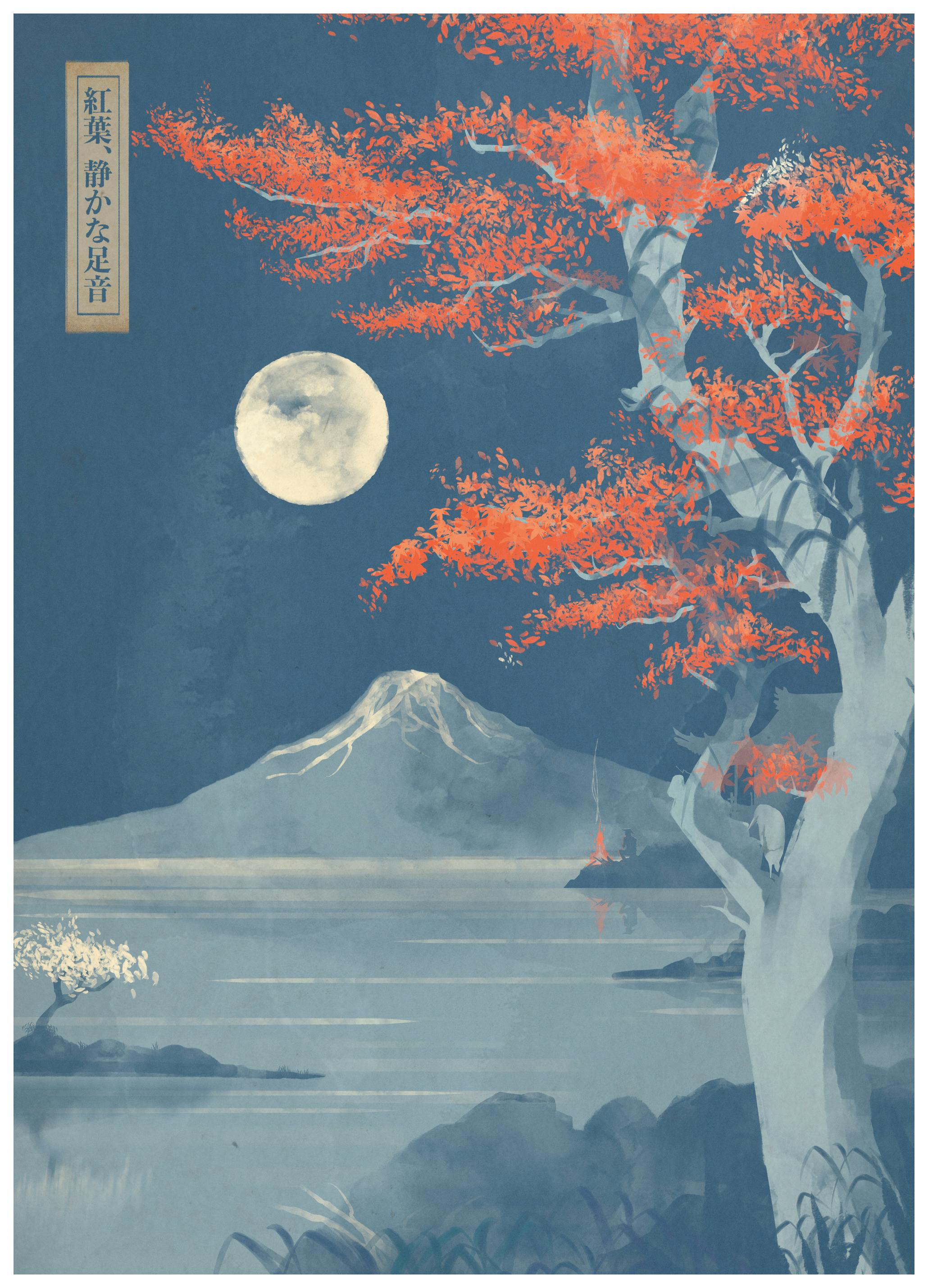 Fadil Roze - Autumn Moon Over Fuji Poster (70x100 cm) - Poster Store